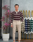 Pamuk Likra Slim Fit Örgü Yatay Desen Yaka Şerit Detaylı Polo Yaka Kazak