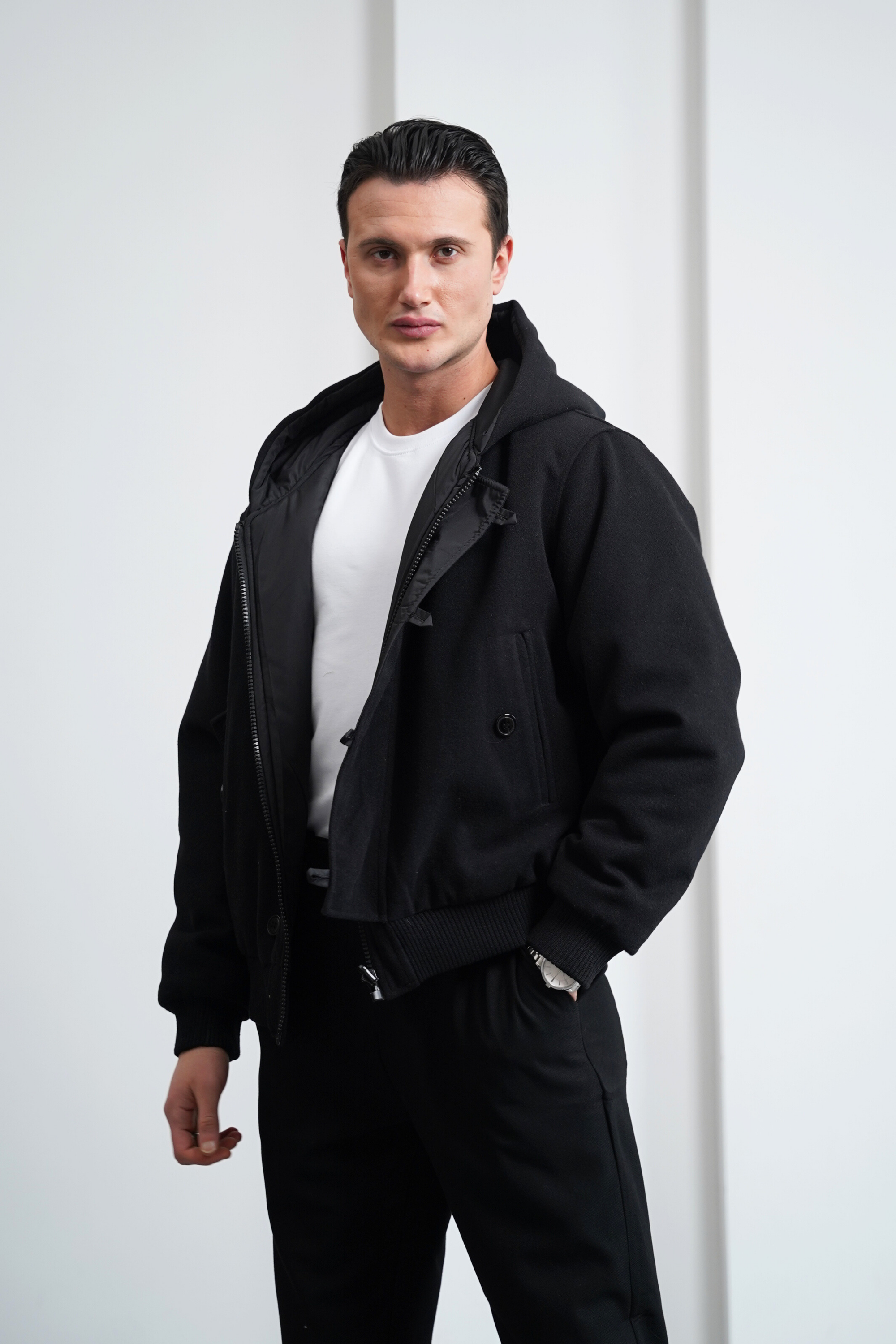 Çift Taraflı Kaşe Uzun Ribana Kapüşonlu Mont