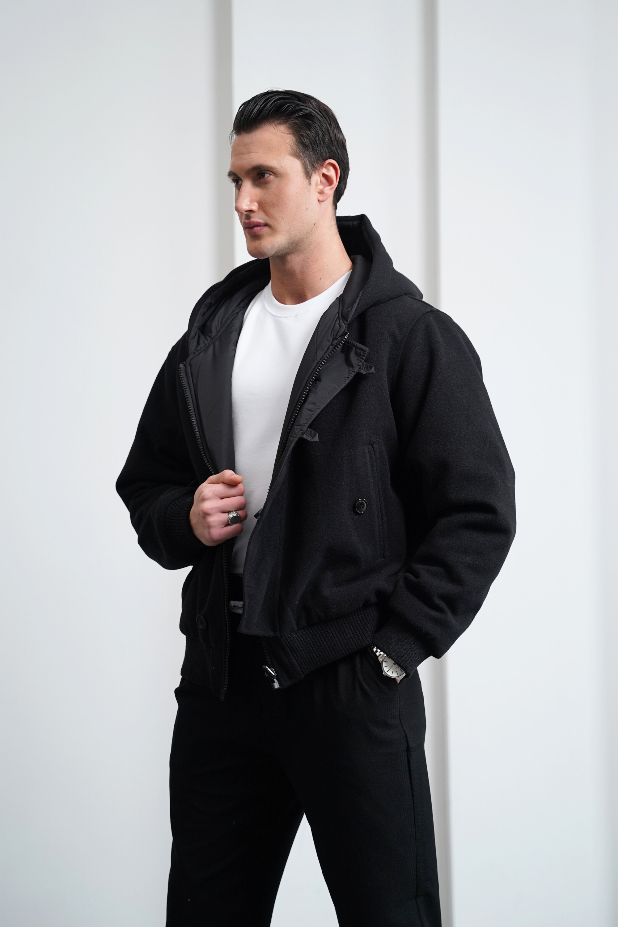 Çift Taraflı Kaşe Uzun Ribana Kapüşonlu Mont