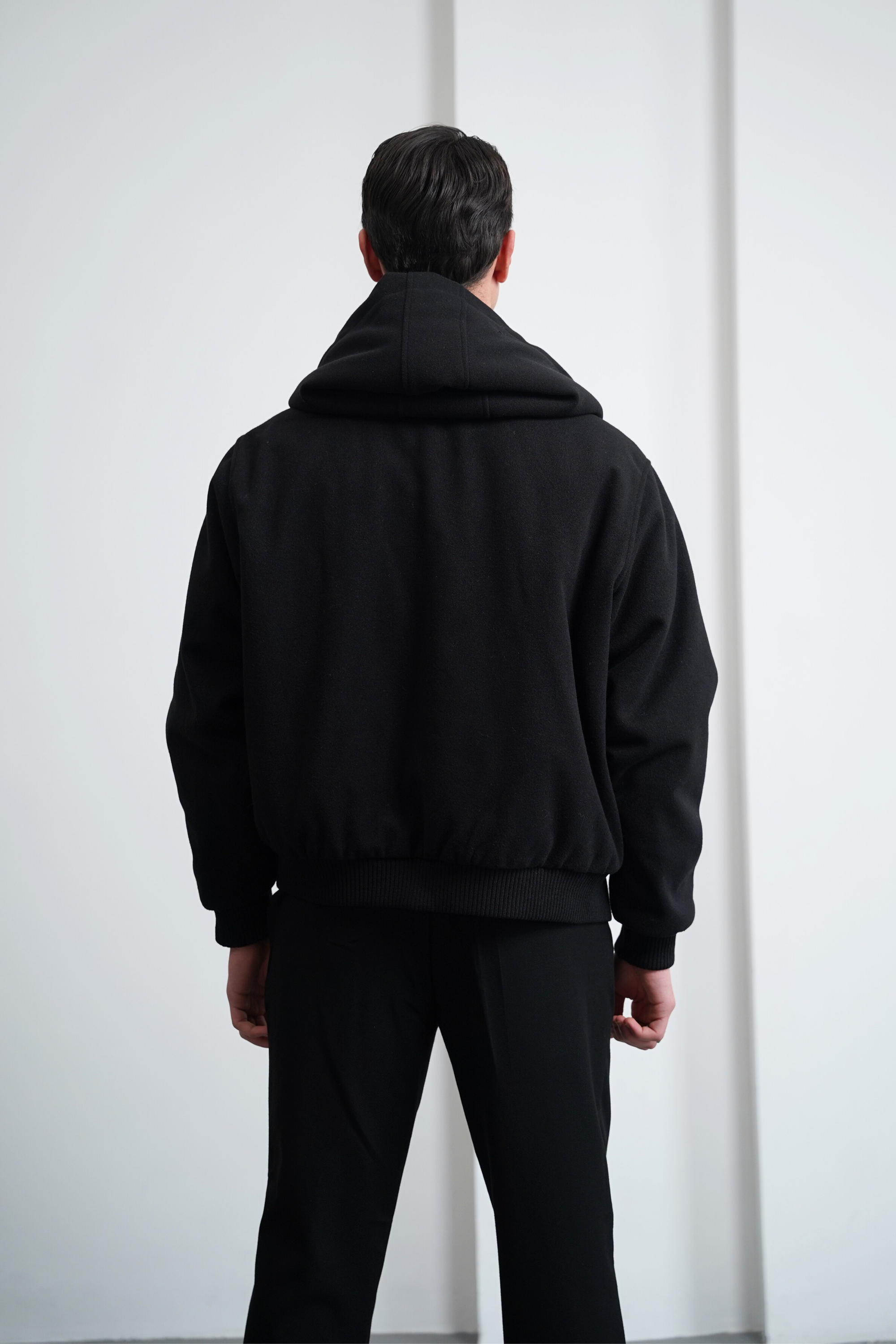 Çift Taraflı Kaşe Uzun Ribana Kapüşonlu Mont