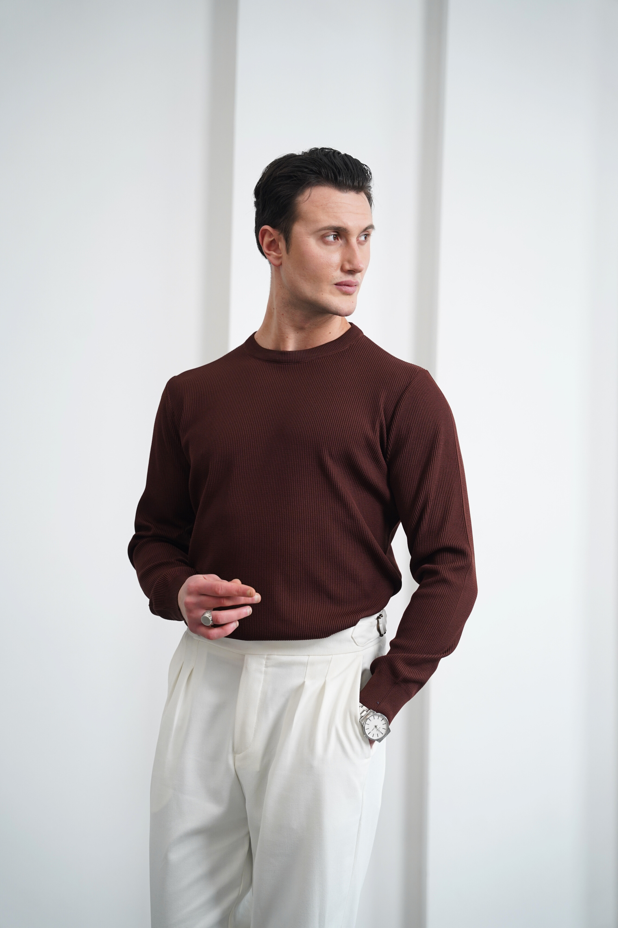 İnce Fitil Desenli Bisiklet Yaka Triko