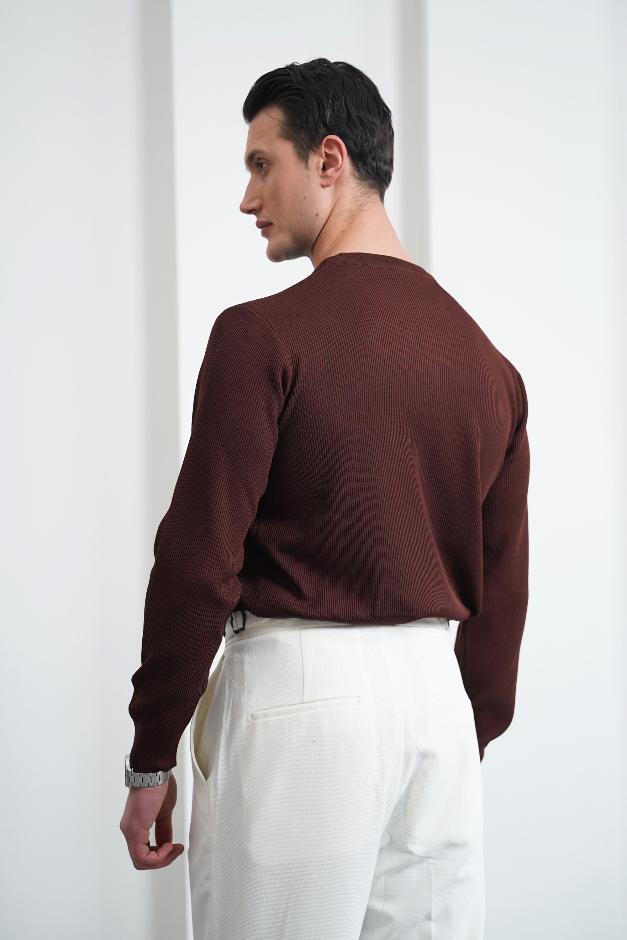 İnce Fitil Desenli Bisiklet Yaka Triko