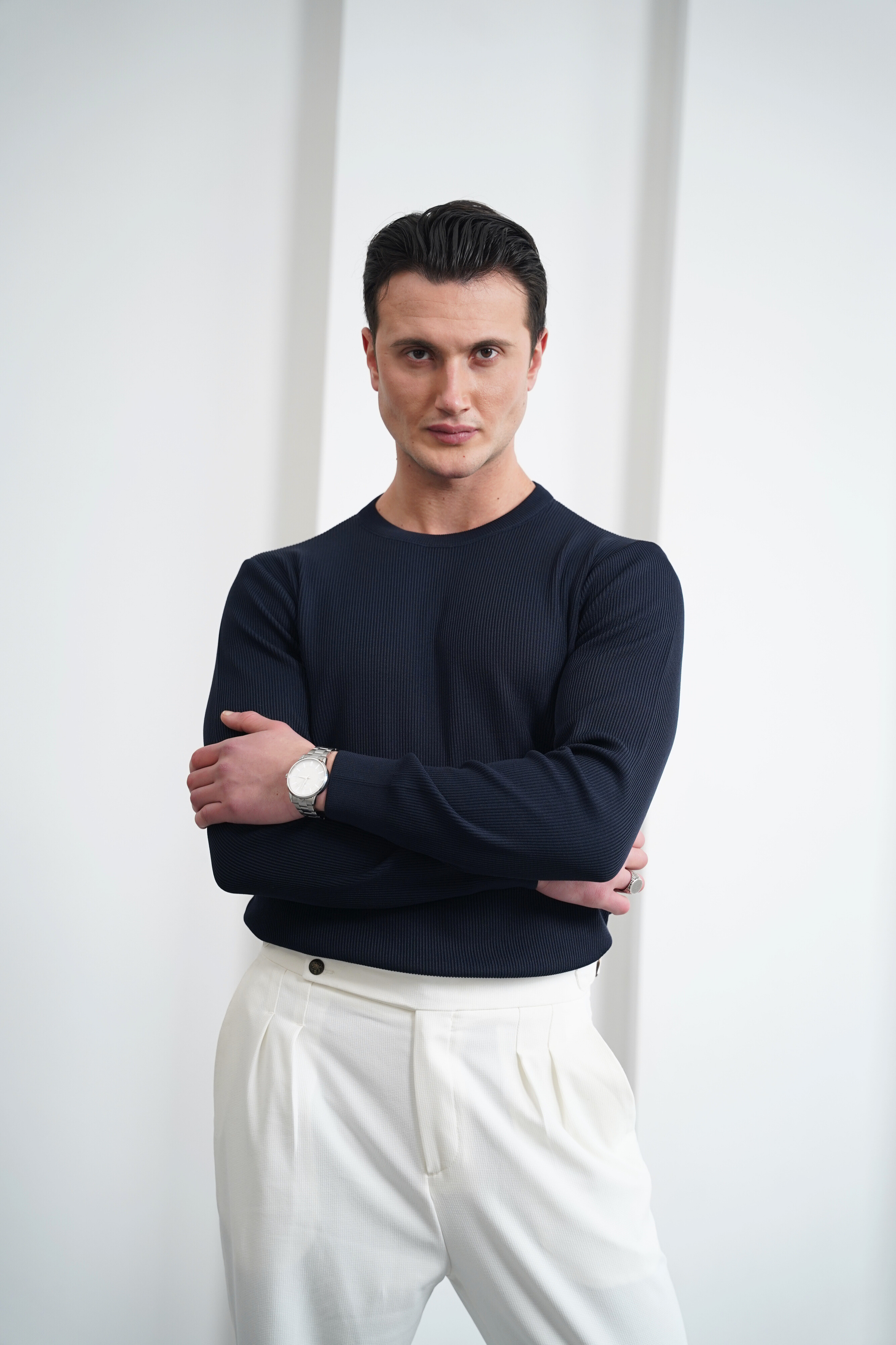 İnce Fitil Desenli Bisiklet Yaka Triko