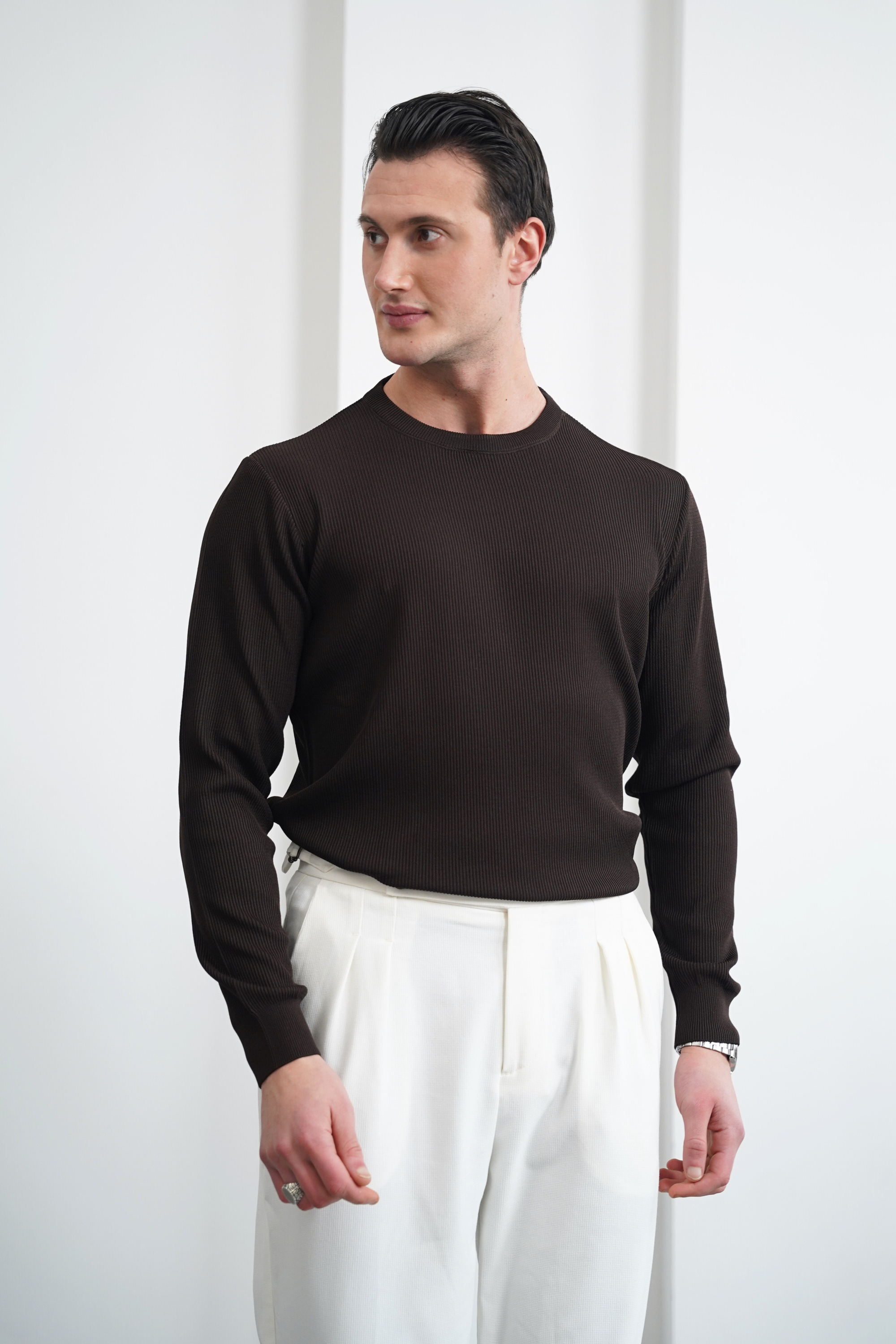 İnce Fitil Desenli Bisiklet Yaka Triko