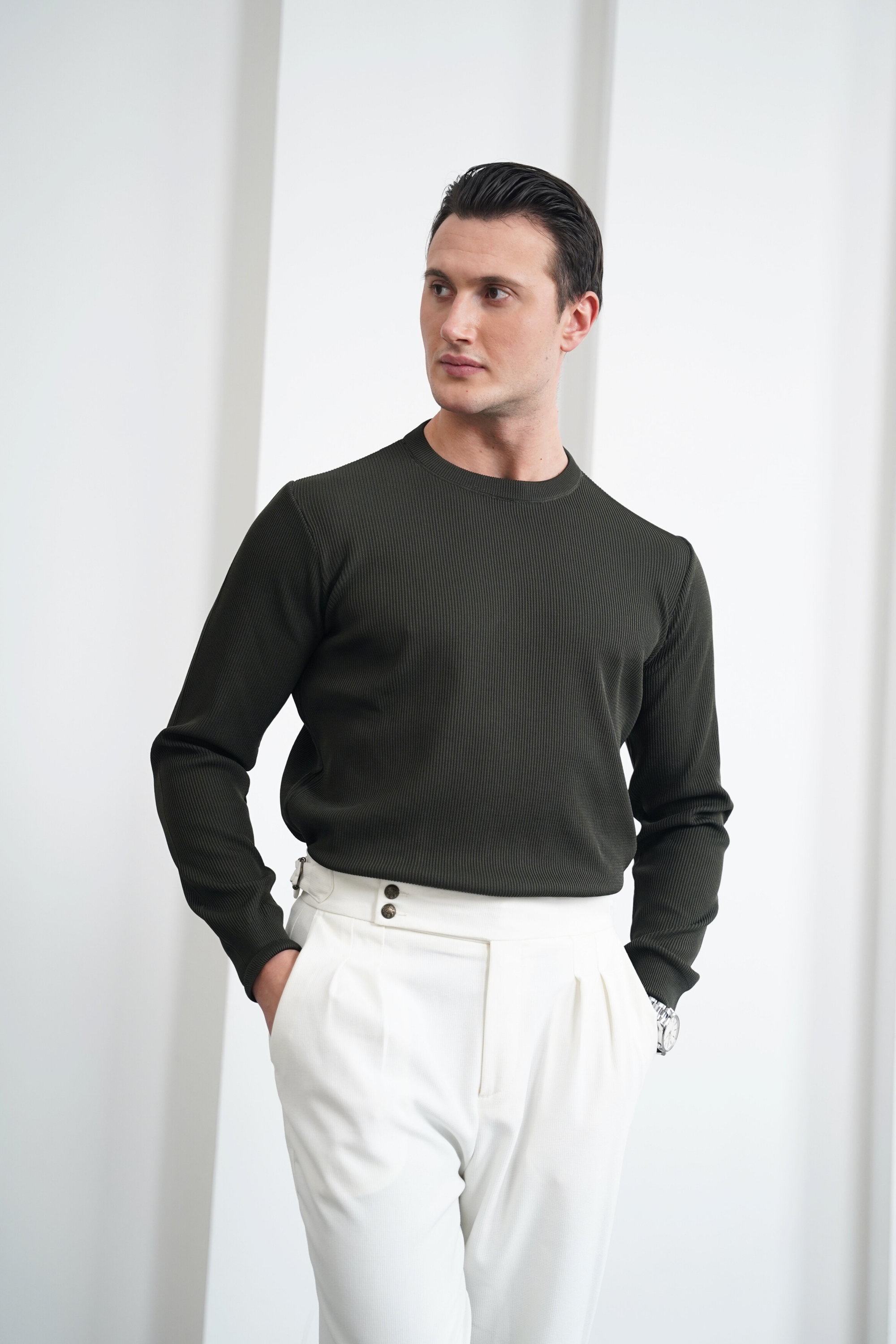 İnce Fitil Desenli Bisiklet Yaka Triko