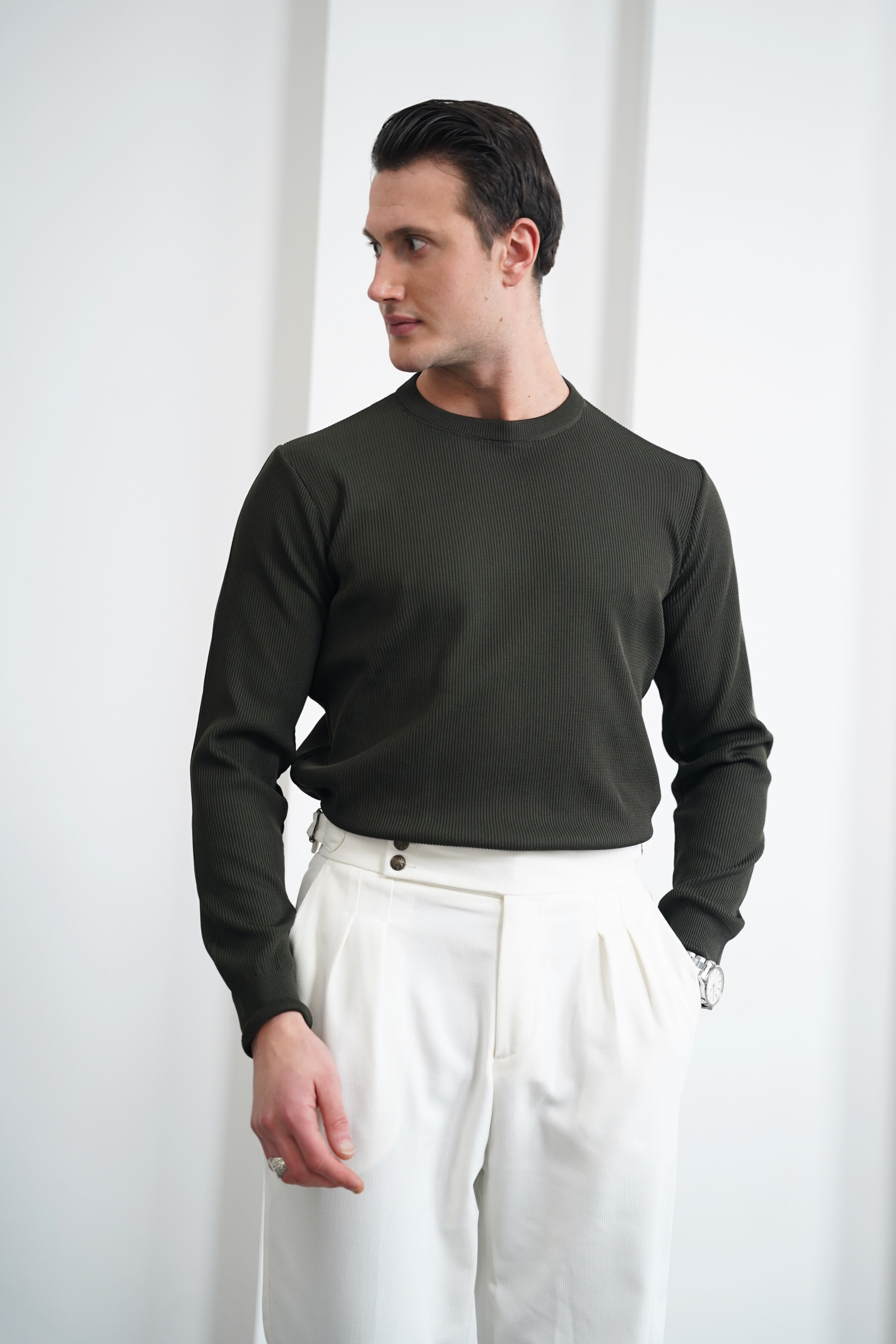 İnce Fitil Desenli Bisiklet Yaka Triko