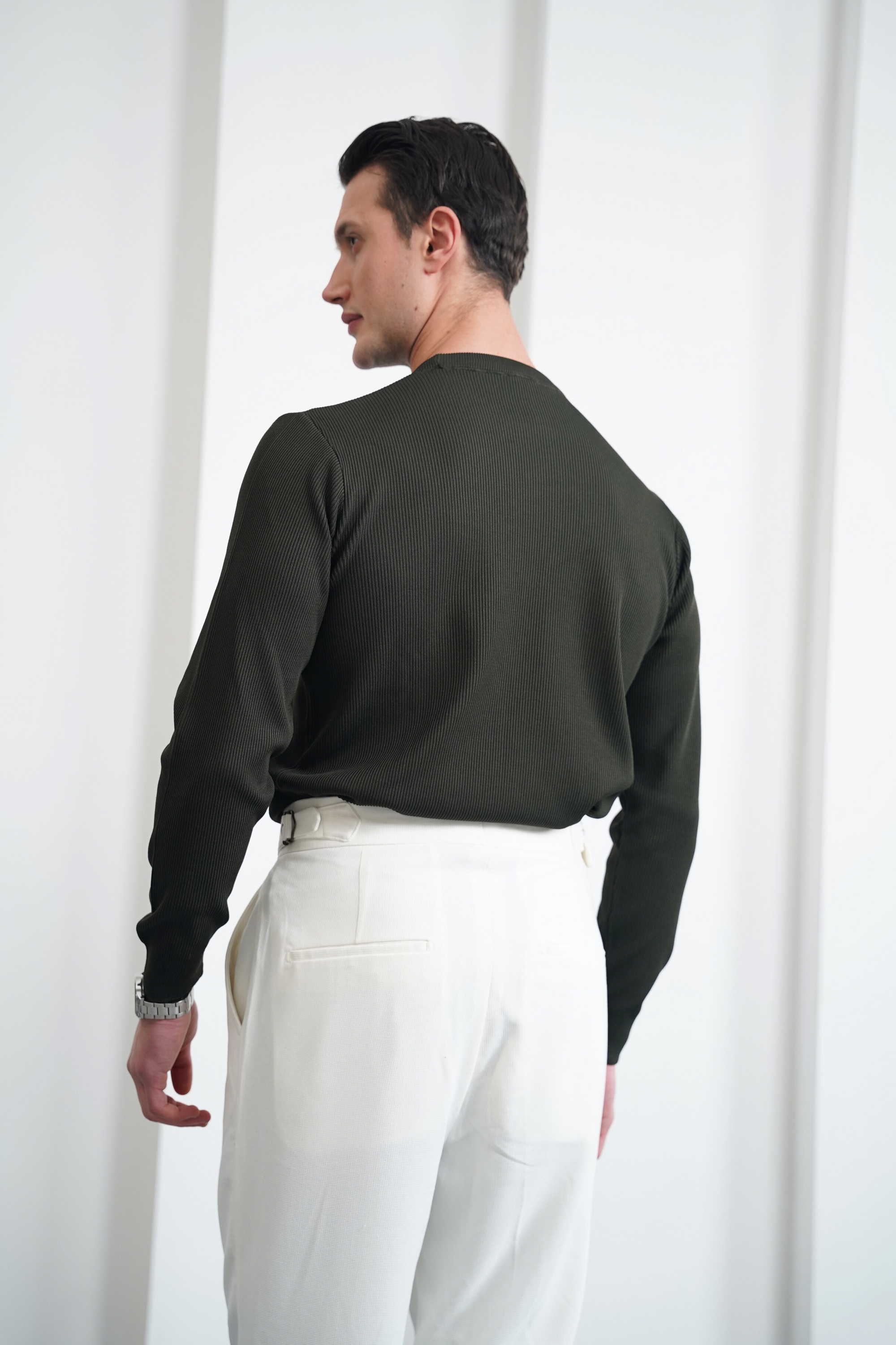 İnce Fitil Desenli Bisiklet Yaka Triko