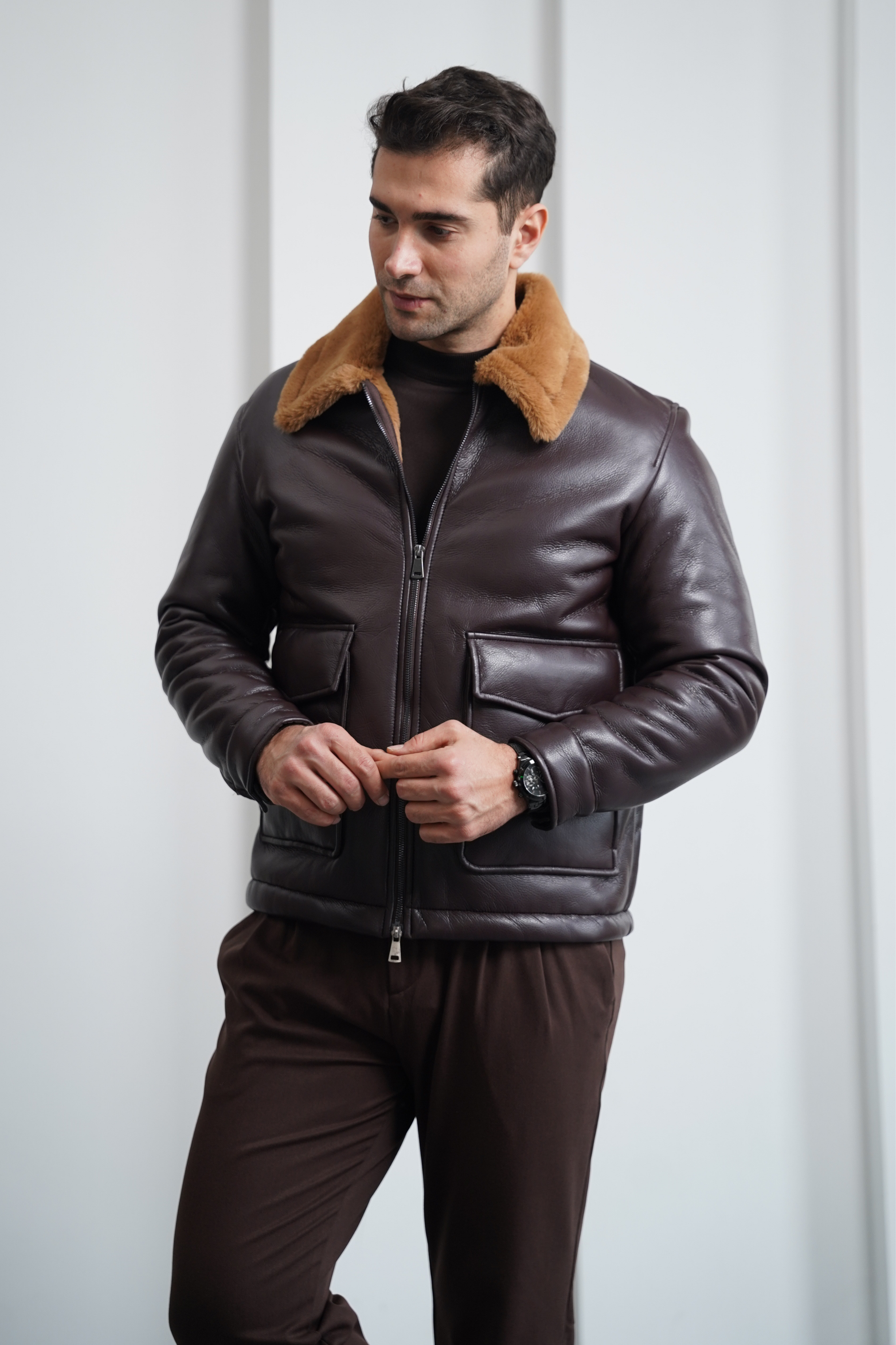 Torba Cep Full Kürk Detaylı İthal Deri Mont