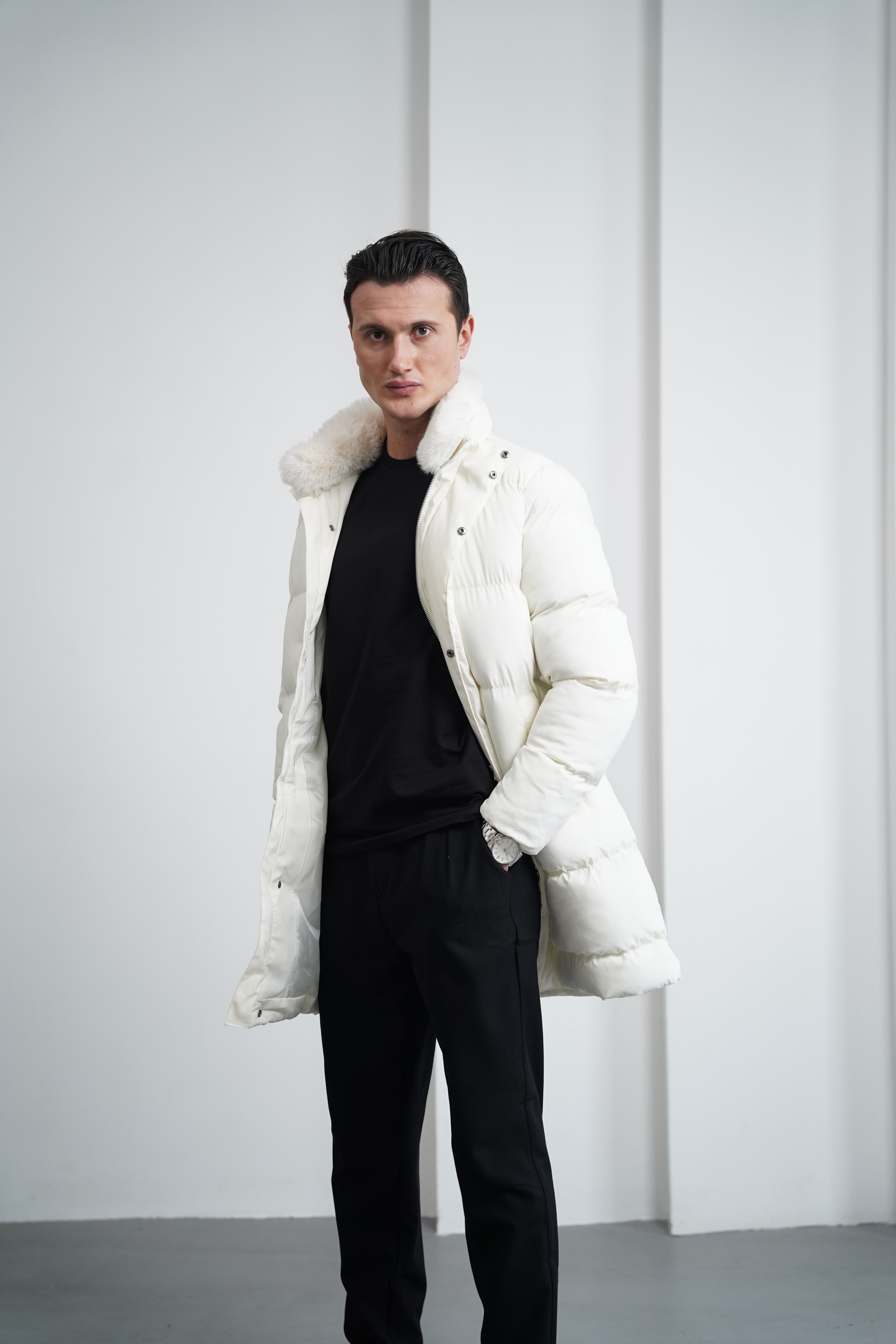 Yaka Kürkü Çıkmalı Uzun Şişme Mont