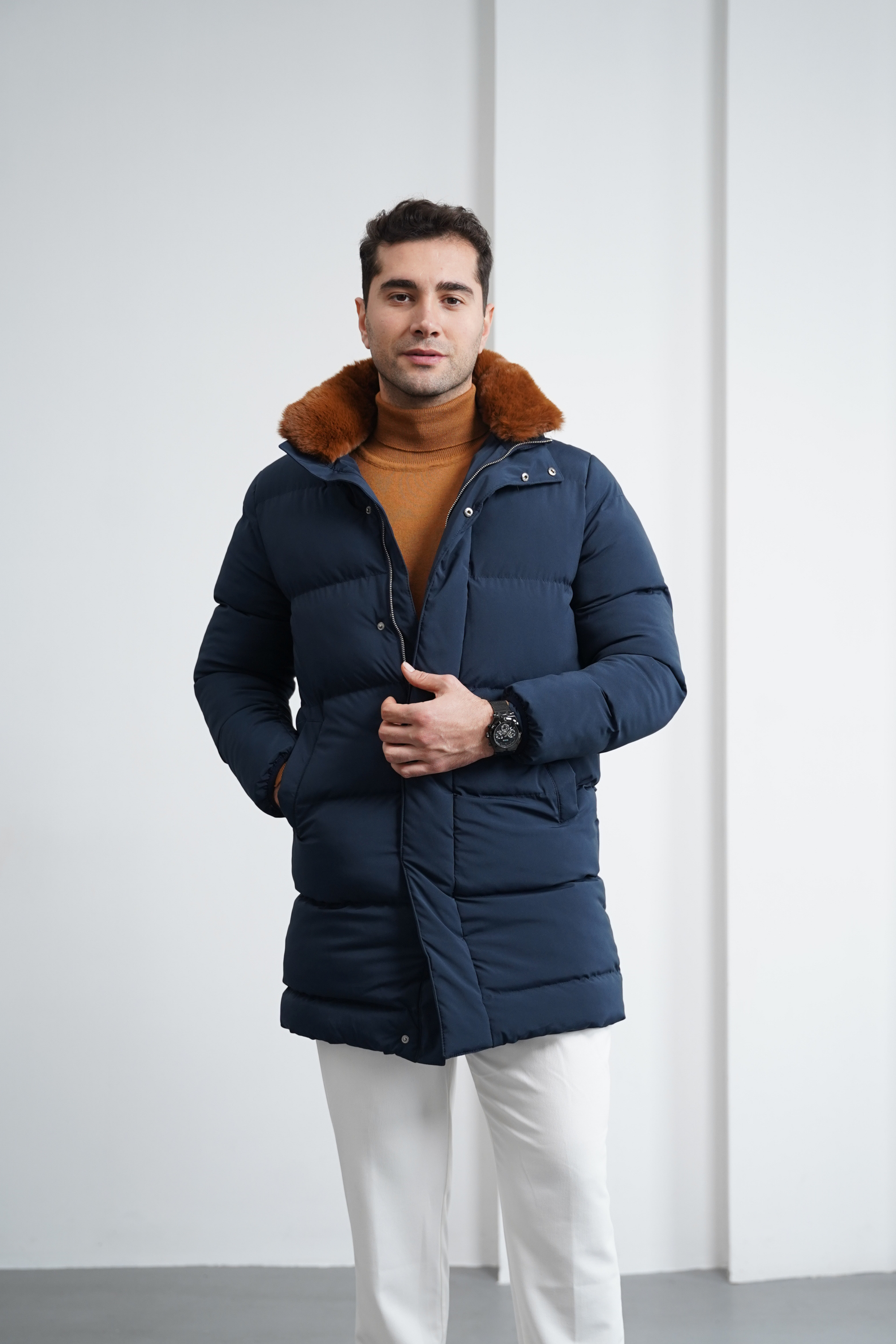 Yaka Kürkü Çıkmalı Uzun Şişme Mont