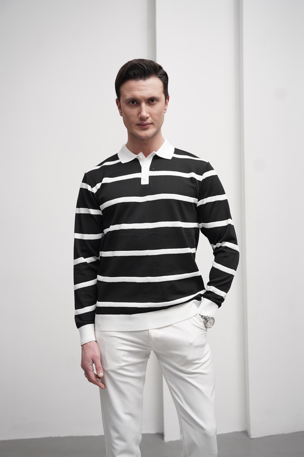 Pamuk Likra Slim Fit Örgü Yatay Desen Yaka Şerit Detaylı Polo Yaka Kazak