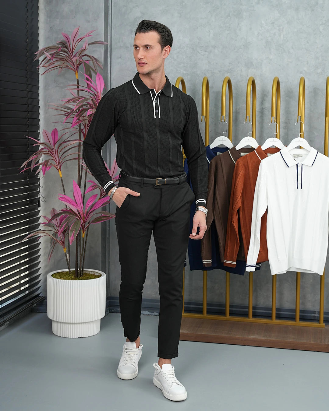 Pamuk Likra Slim Fit Örgü Desen Yaka Şerit Detaylı Polo Yaka Kazak