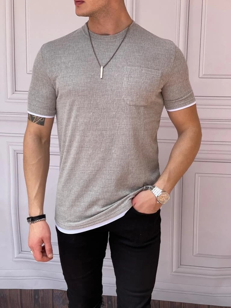 Slim Fit Gofre Kumaş Parçalı Tshırt