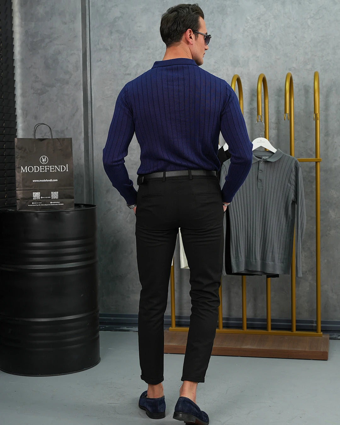 Pamuk Likra Slim Fit Polo Yaka Dikey Geniş Çizgi Triko Kazak