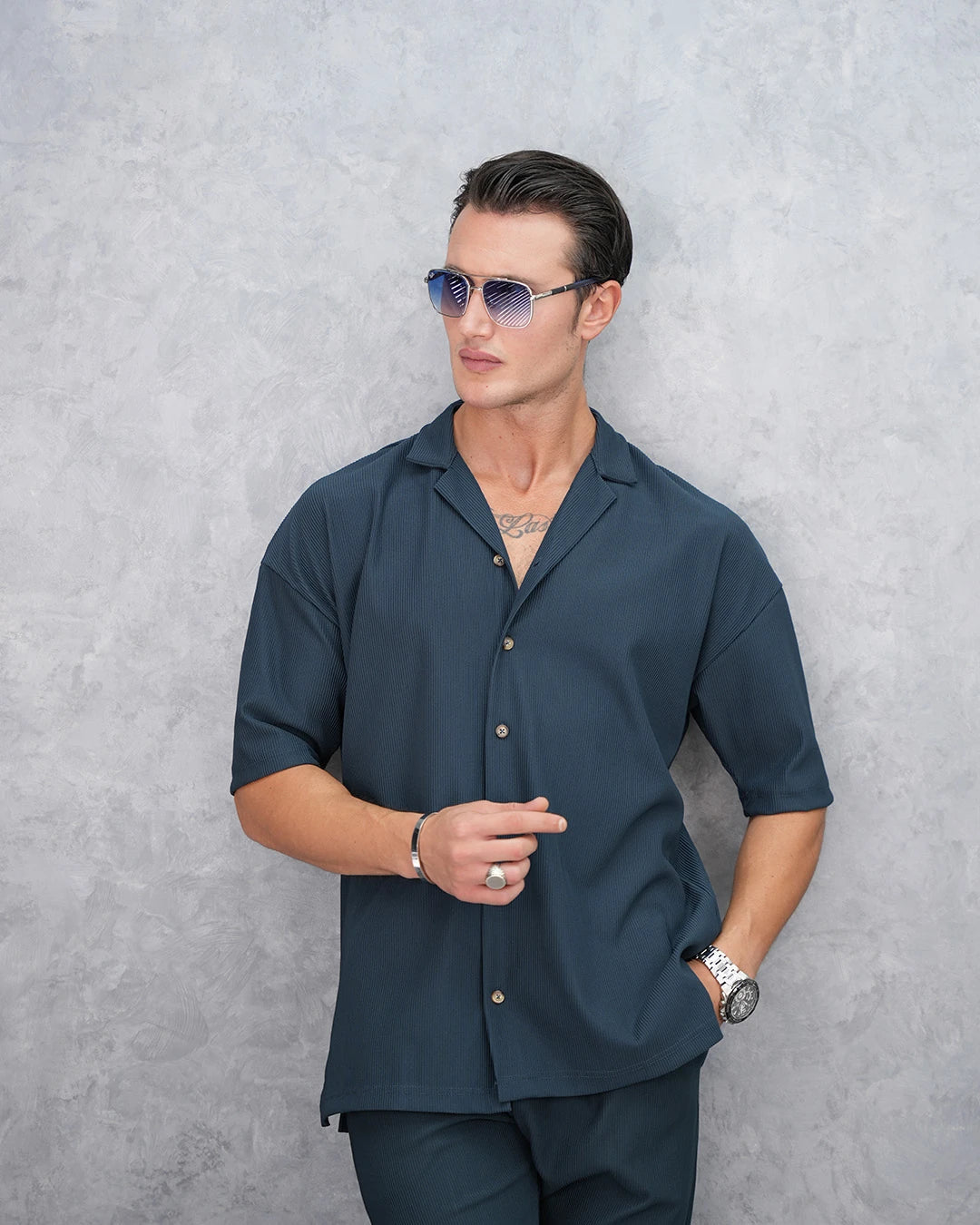 Fitil Desenli Oversize Kısa Kollu Gömlekli Takım