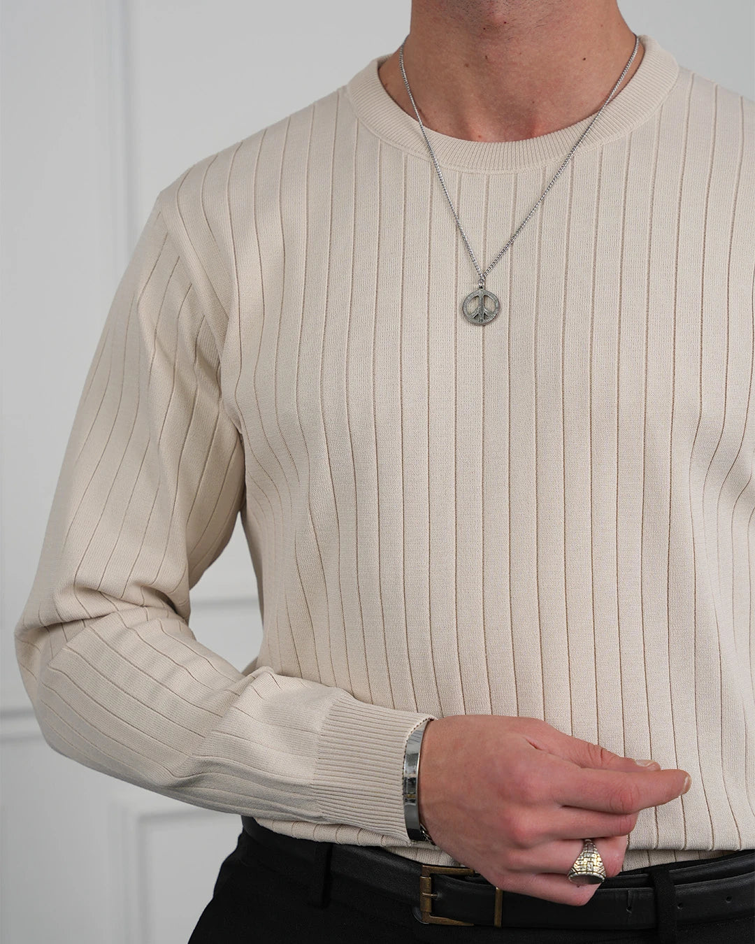 Pamuk Likra Slim Fit Bisiklet Yaka Dikey Çizgi Triko Kazak