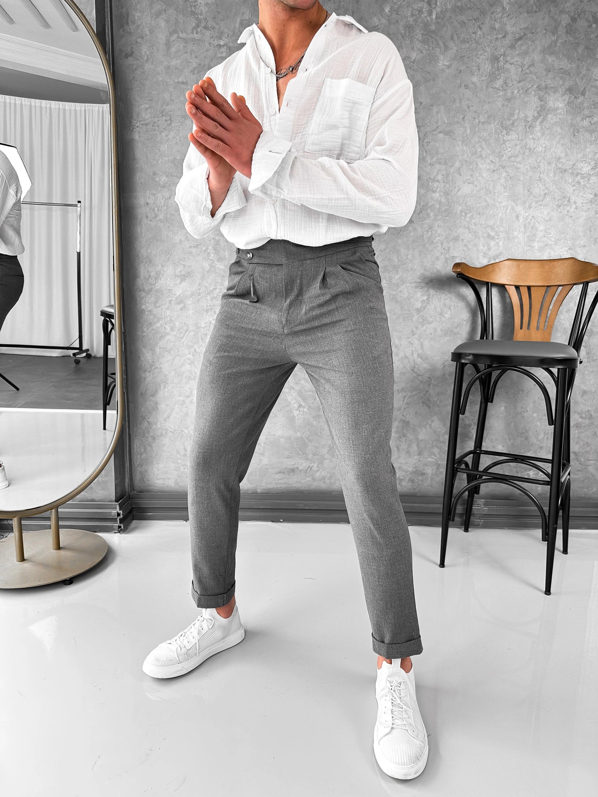 İki Düğme ve Toka Detaylı Yüksek Kalite Kumaş Pantolon