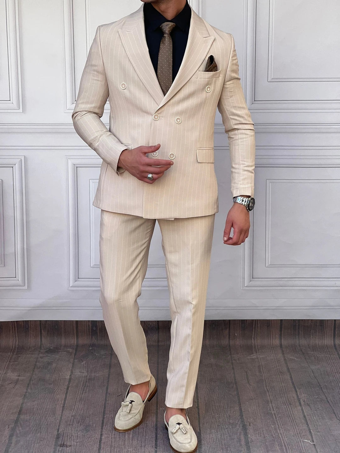 Çizgi Detaylı Kruvaze Ceket Pantolon Takım