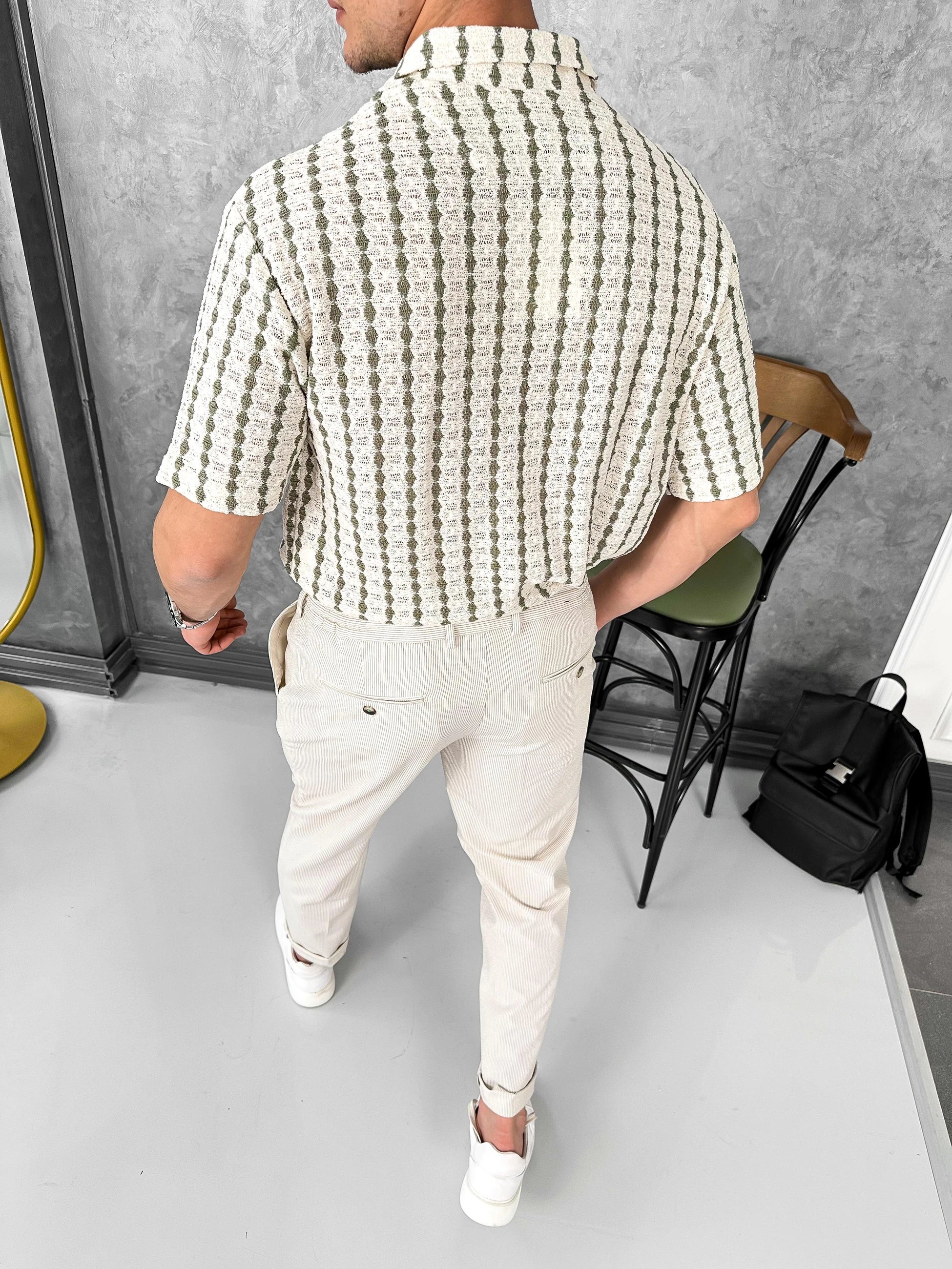 Şerit Desenli %100 Pamujk Dokuma Regular Fit Kısa Kollu Keten Gömlek