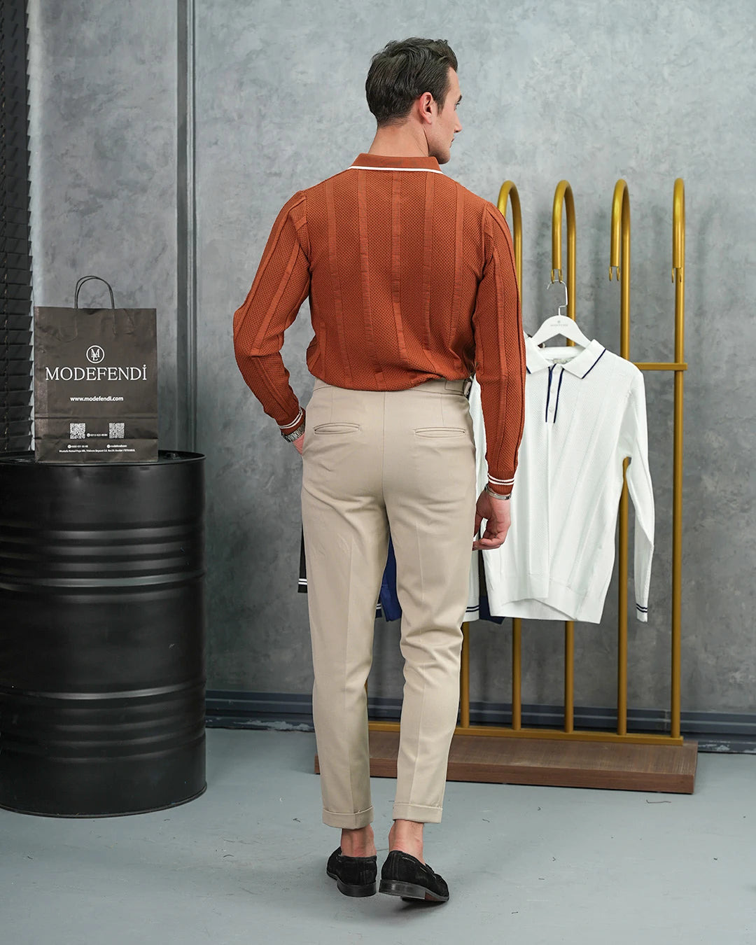 Pamuk Likra Slim Fit Örgü Desen Yaka Şerit Detaylı Polo Yaka Kazak