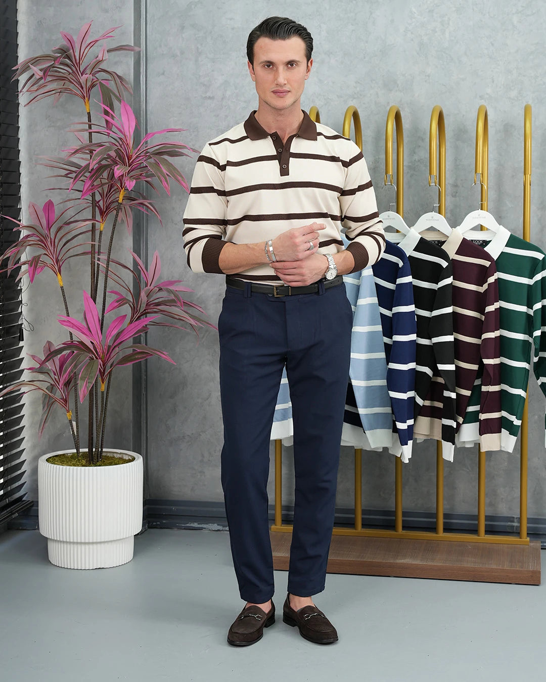 Pamuk Likra Slim Fit Örgü Yatay Desen Yaka Şerit Detaylı Polo Yaka Kazak