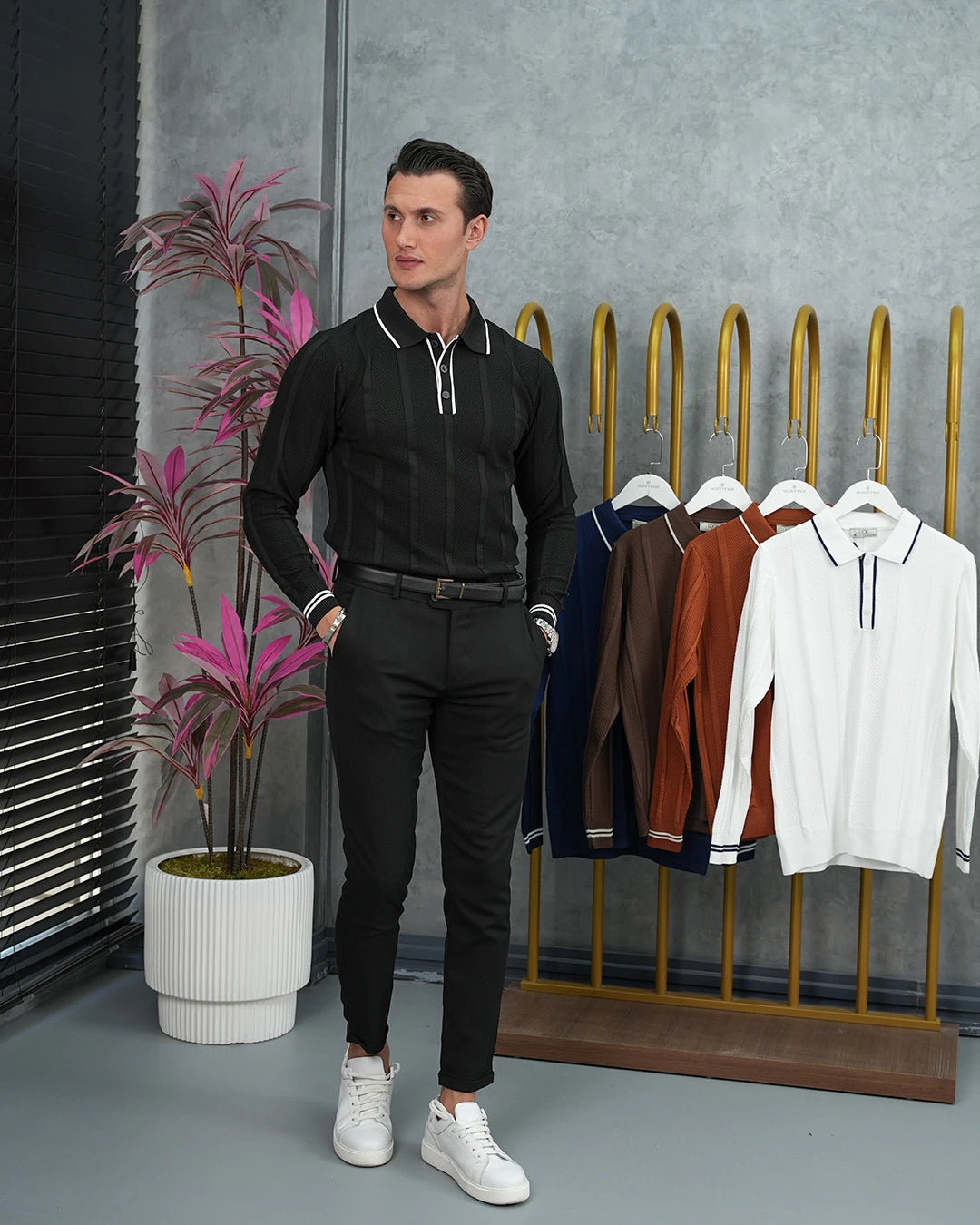 Pamuk Likra Slim Fit Örgü Desen Yaka Şerit Detaylı Polo Yaka Kazak