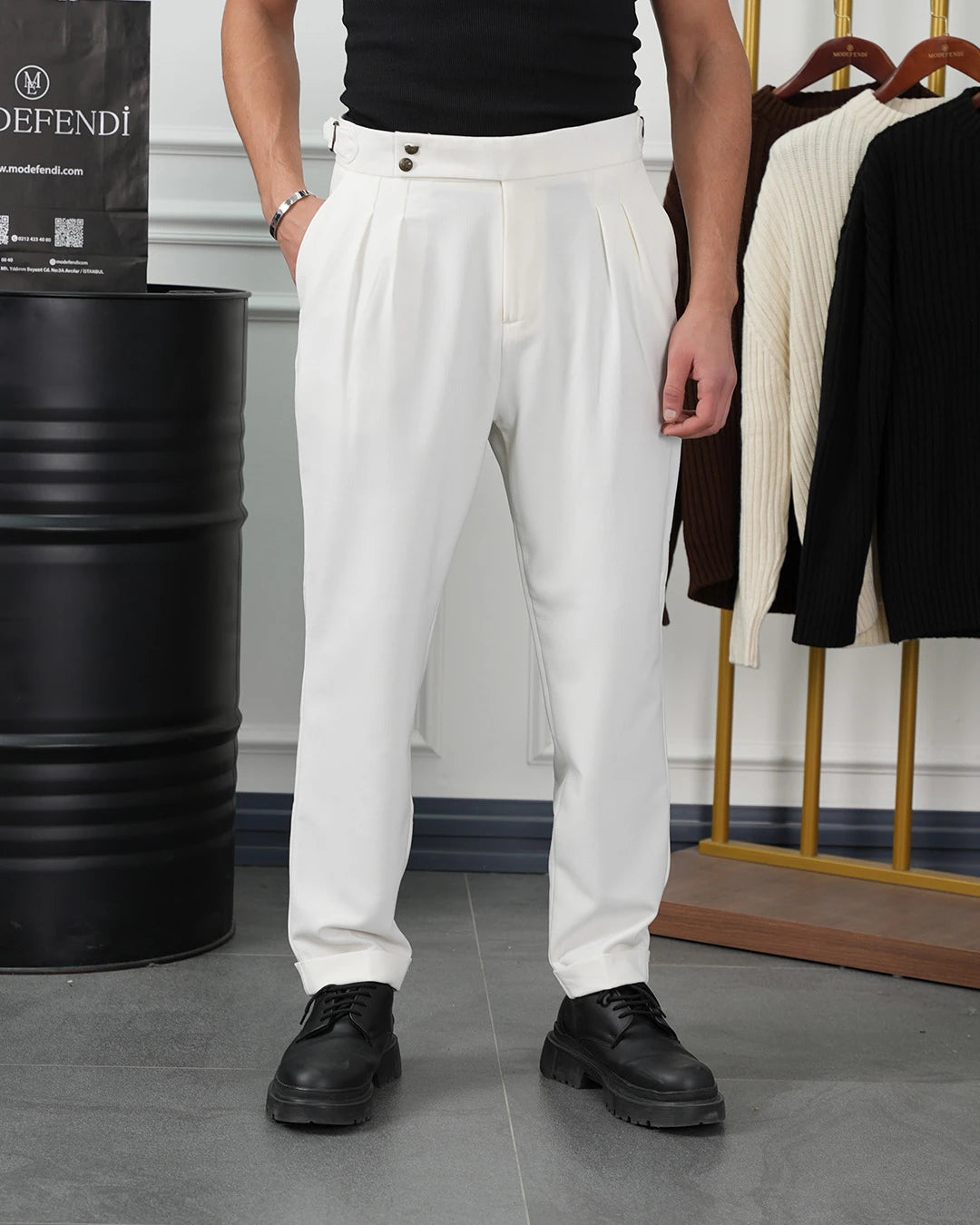 Yüksek Bel Pileli Petek Örme Pamuklu Slimfit Pantolon