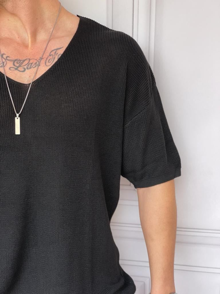Relaxed Kalıp(Geniş Kalıp) Örme Triko Derin Açık Yaka Tshırt