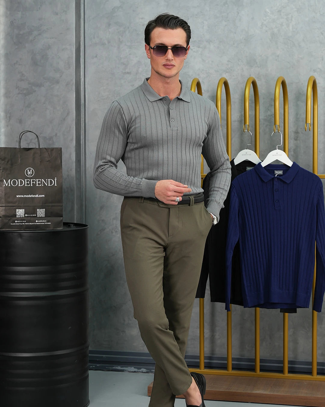 Pamuk Likra Slim Fit Polo Yaka Dikey Geniş Çizgi Triko Kazak