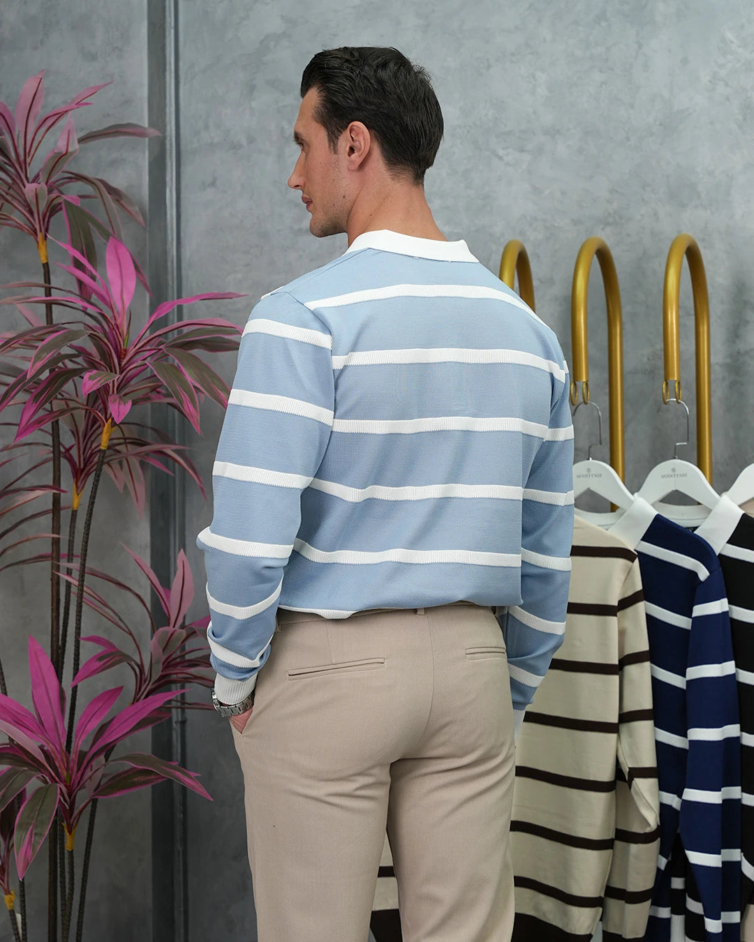 Pamuk Likra Slim Fit Örgü Yatay Desen Yaka Şerit Detaylı Polo Yaka Kazak