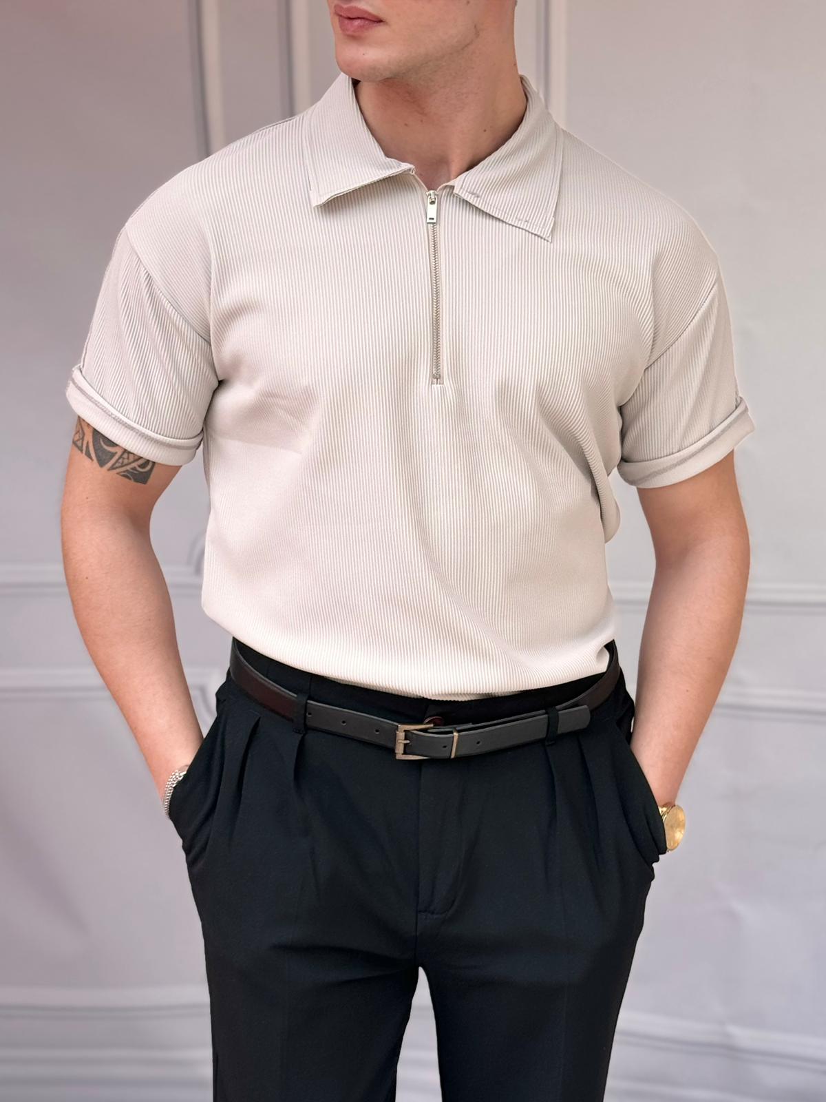 İnce Fitilli Yüksek Kalite Fermuar Detaylı Oversize Tshırt