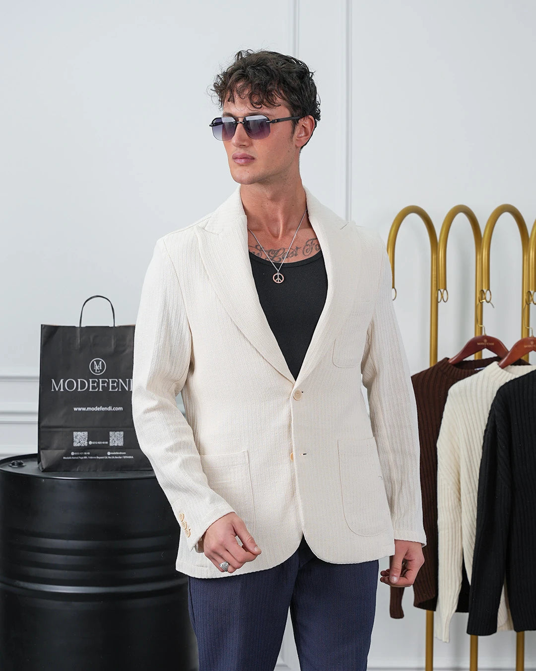 %100 Pamuk Keten Modern Fit Örgü Kemer Detaylı Keten Takım Elbise