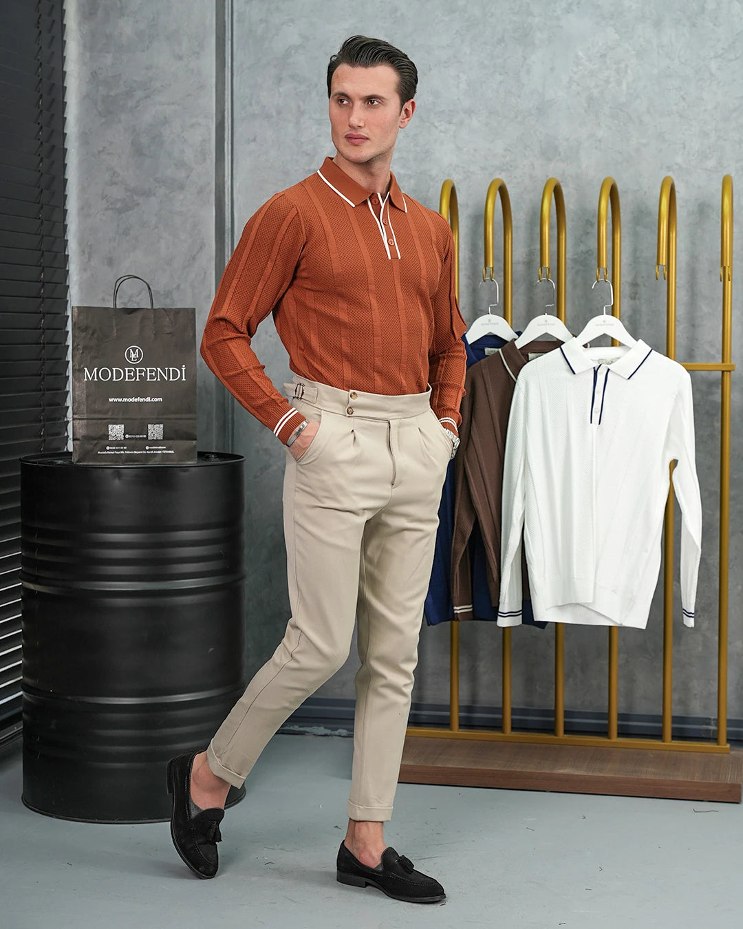 Pamuk Likra Slim Fit Örgü Desen Yaka Şerit Detaylı Polo Yaka Kazak