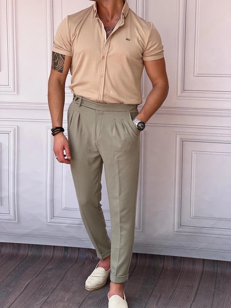 Pamuk Likra Gofre Kumaş Slim Fıt Kalıp Kısa Kollu Gömlek