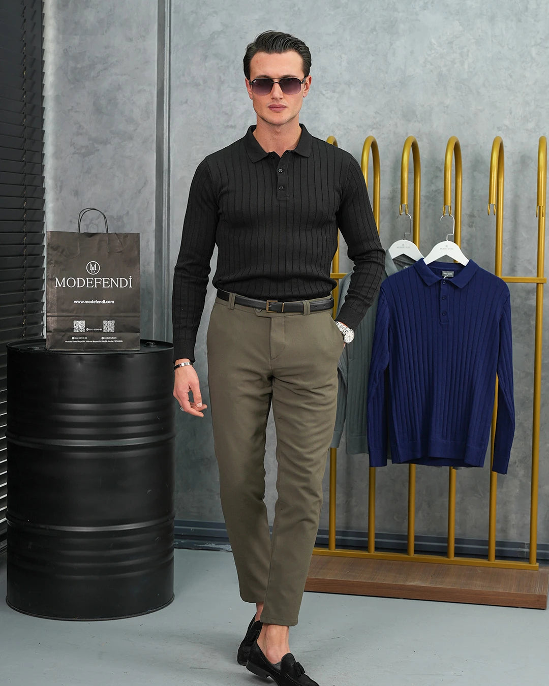 Pamuk Likra Slim Fit Polo Yaka Dikey Geniş Çizgi Triko Kazak