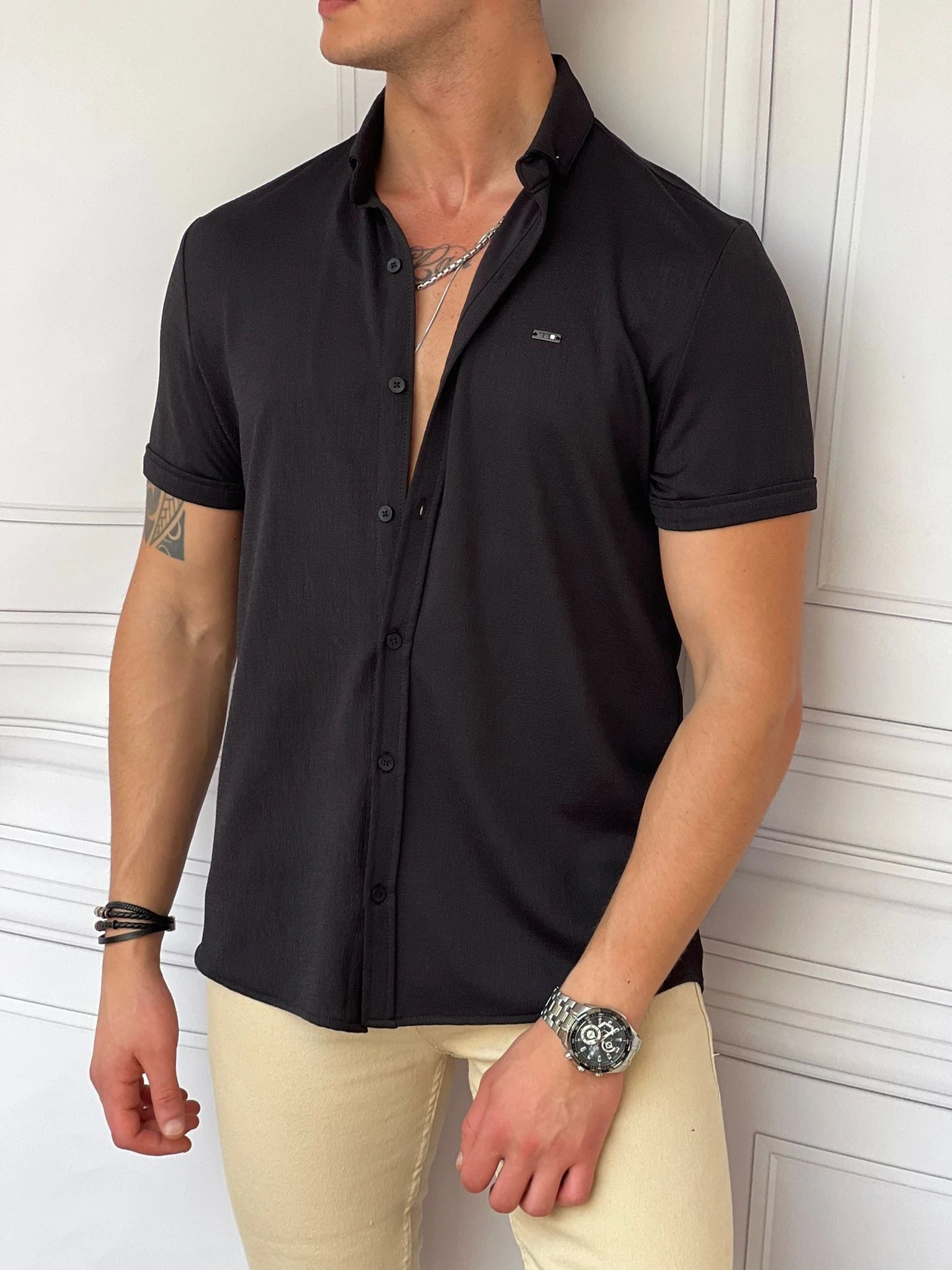 Pamuk Likra Gofre Kumaş Slim Fıt Kalıp Kısa Kollu Gömlek