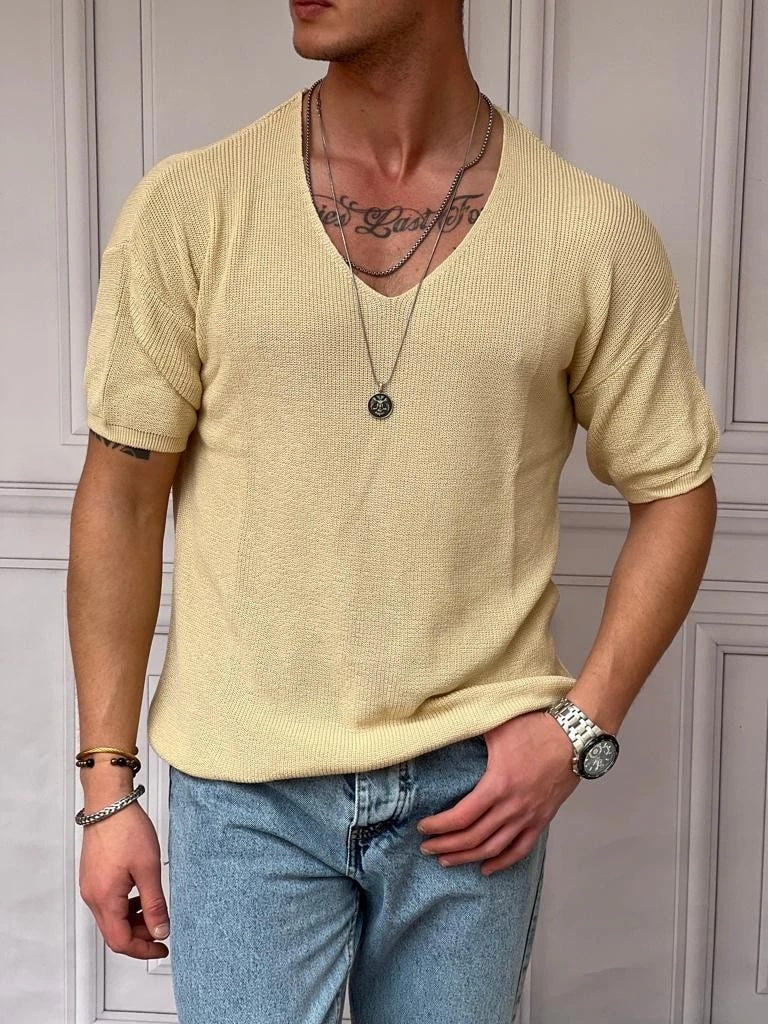 Relaxed Kalıp(Geniş Kalıp) Örme Triko Derin Açık Yaka Tshırt