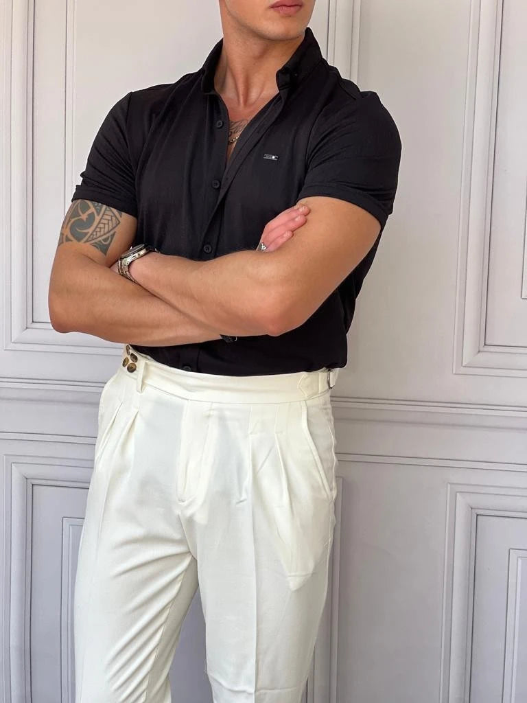 Pamuk Likra Gofre Kumaş Slim Fıt Kalıp Kısa Kollu Gömlek