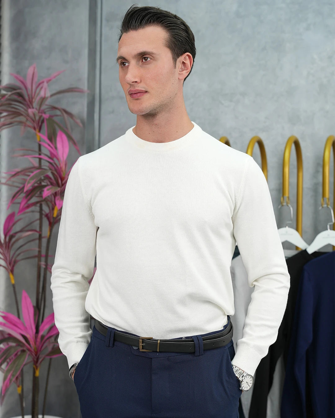 Slim Fit Kalıp Pamuk Likra Sade Bisiklet Yaka Triko Kazak