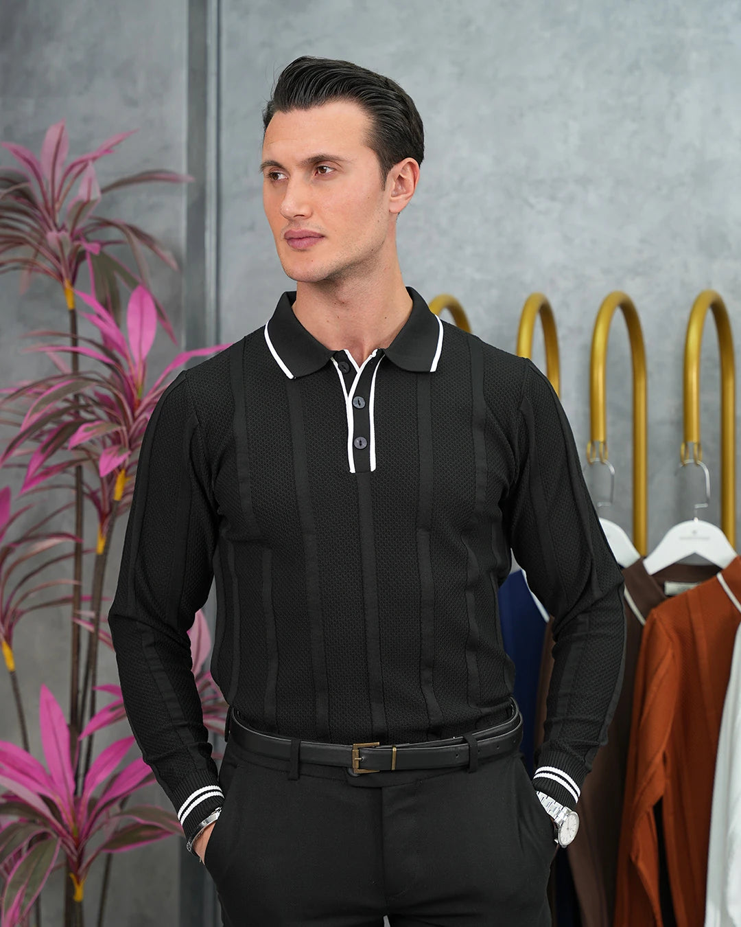 Pamuk Likra Slim Fit Örgü Desen Yaka Şerit Detaylı Polo Yaka Kazak