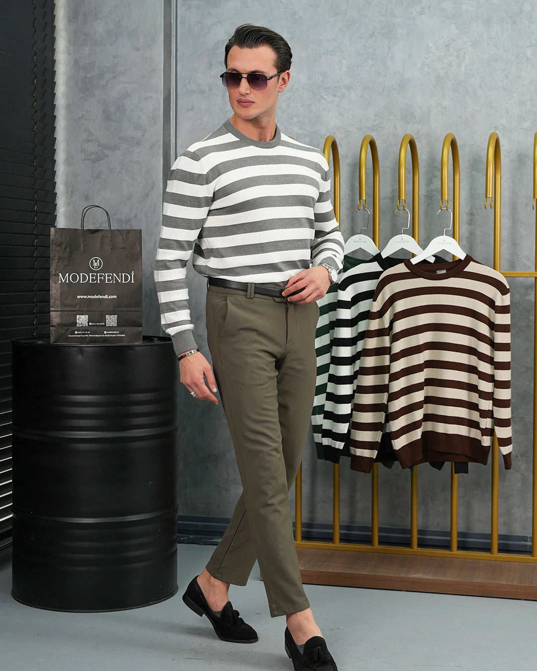 Slim Fit Kalıp Pamuk Likra Yatay Şerit Detaylı Bisiklet Yaka Triko Kazak