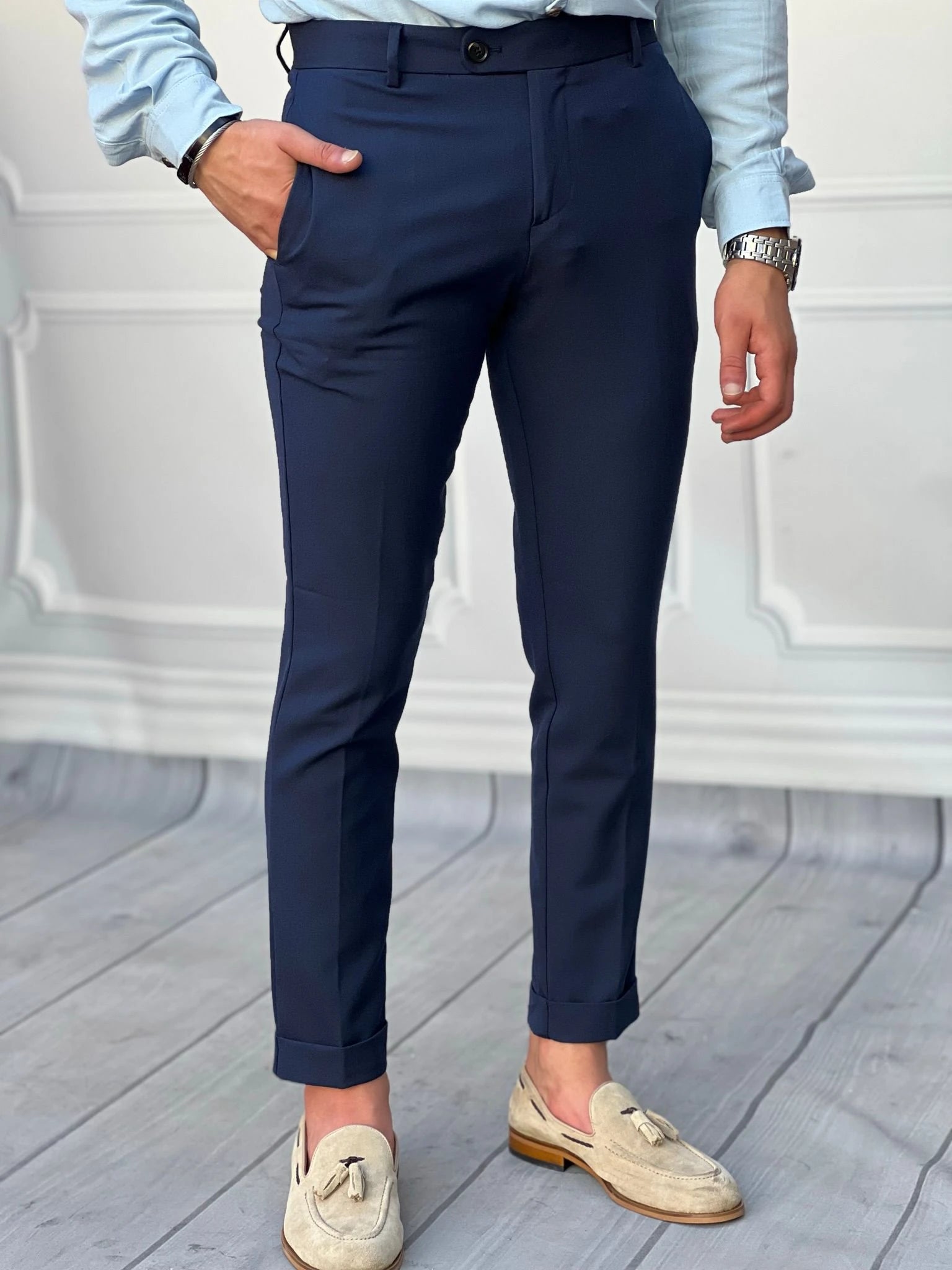 Slim Fit Kalıp Düz Kumaş Pantolon