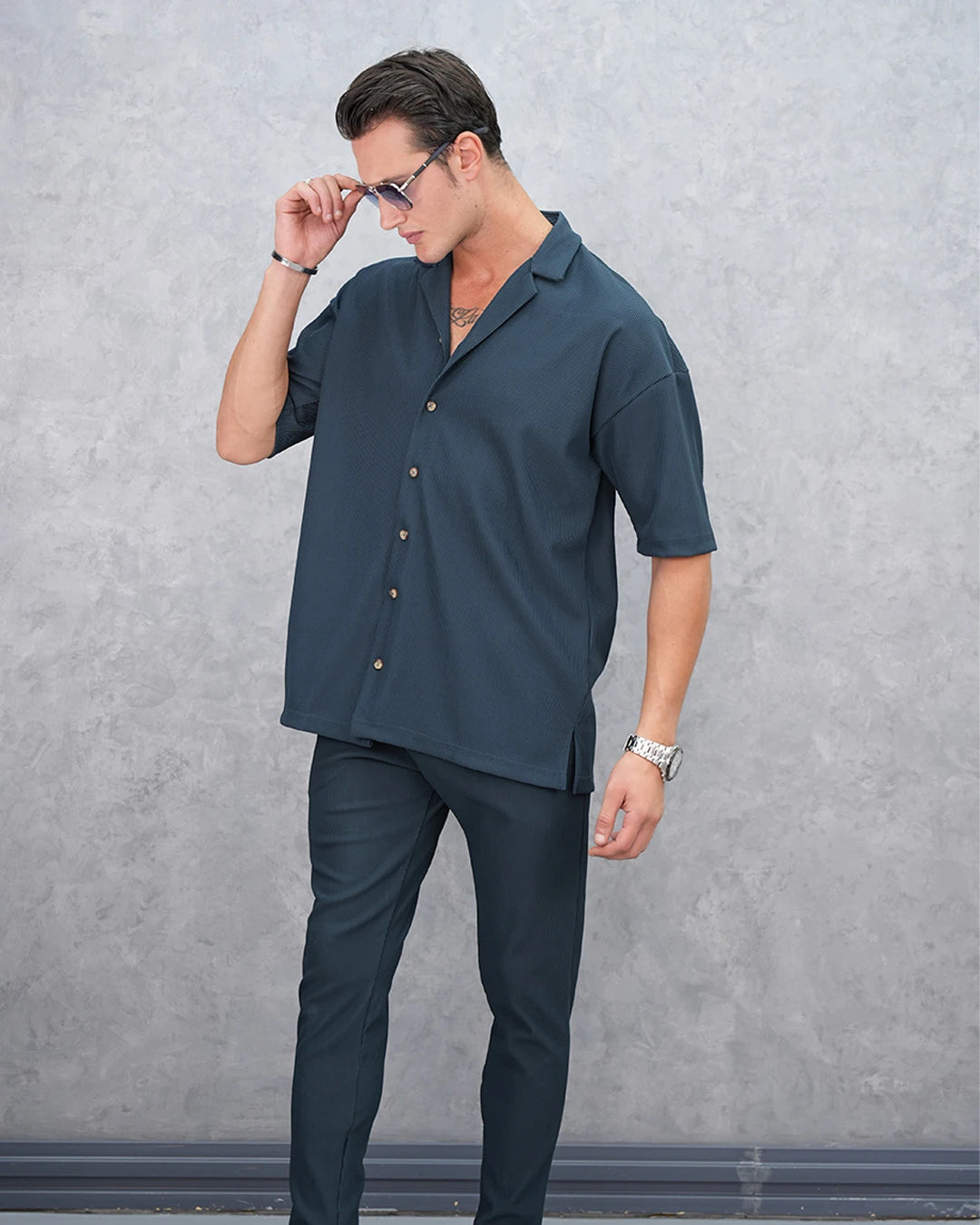 Fitil Desenli Oversize Kısa Kollu Gömlekli Takım