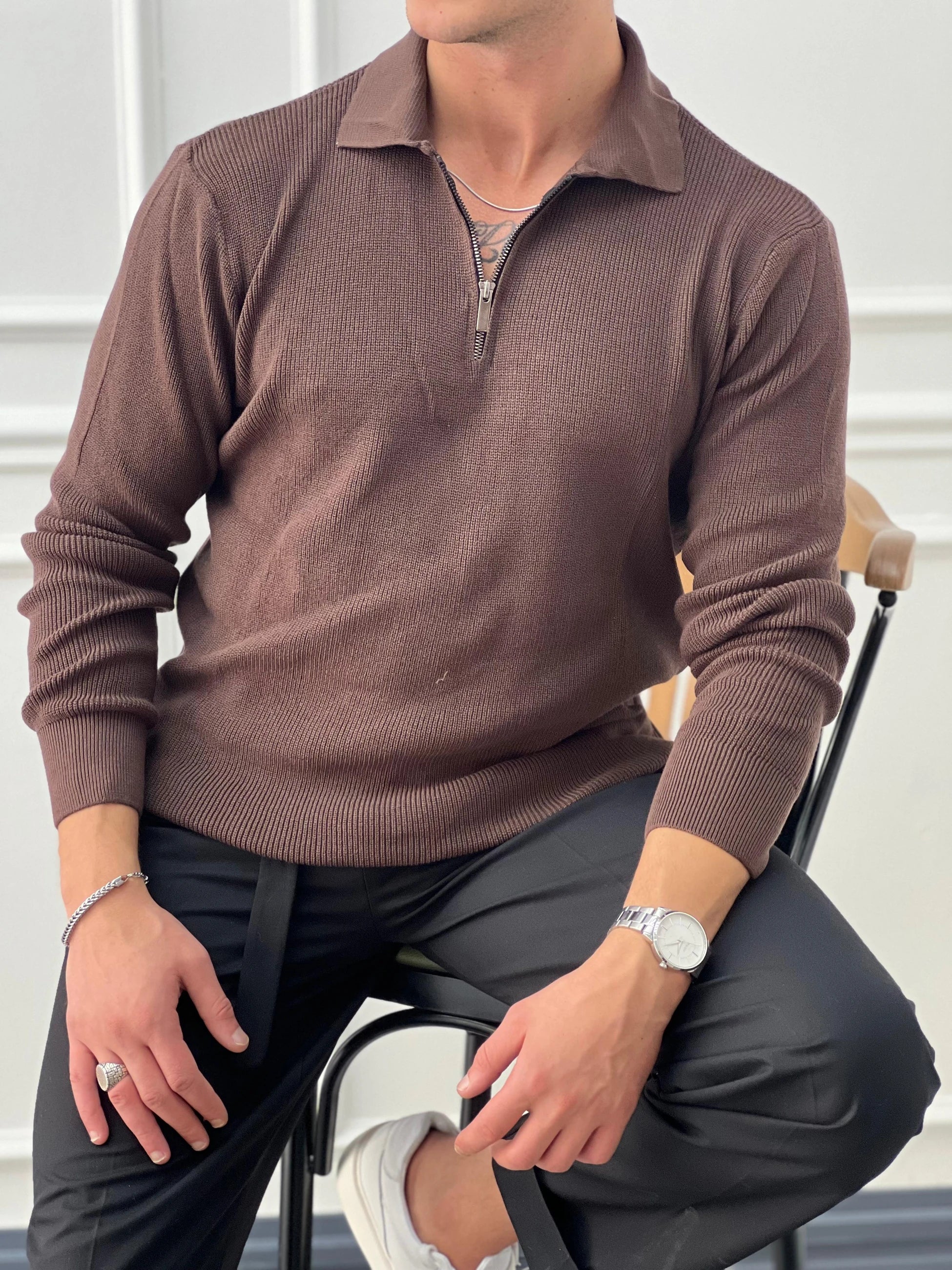 Yüksek Kalite Polo Yaka Fermuar Detaylı Kazak