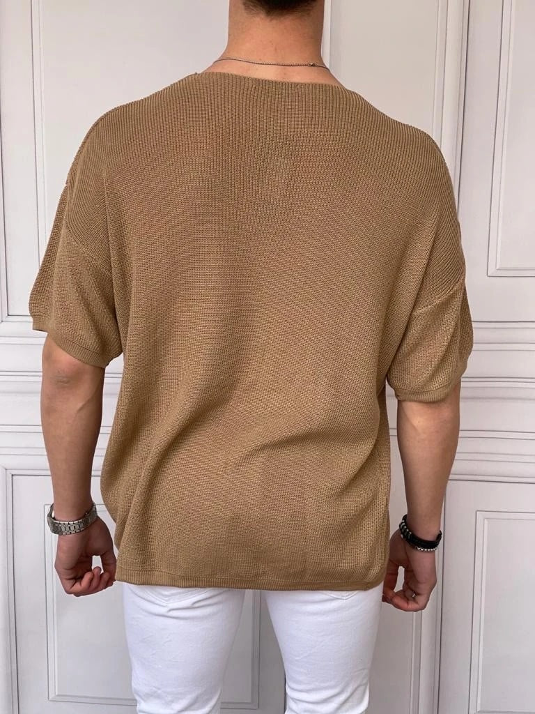 Relaxed Kalıp(Geniş Kalıp) Örme Triko Derin Açık Yaka Tshırt