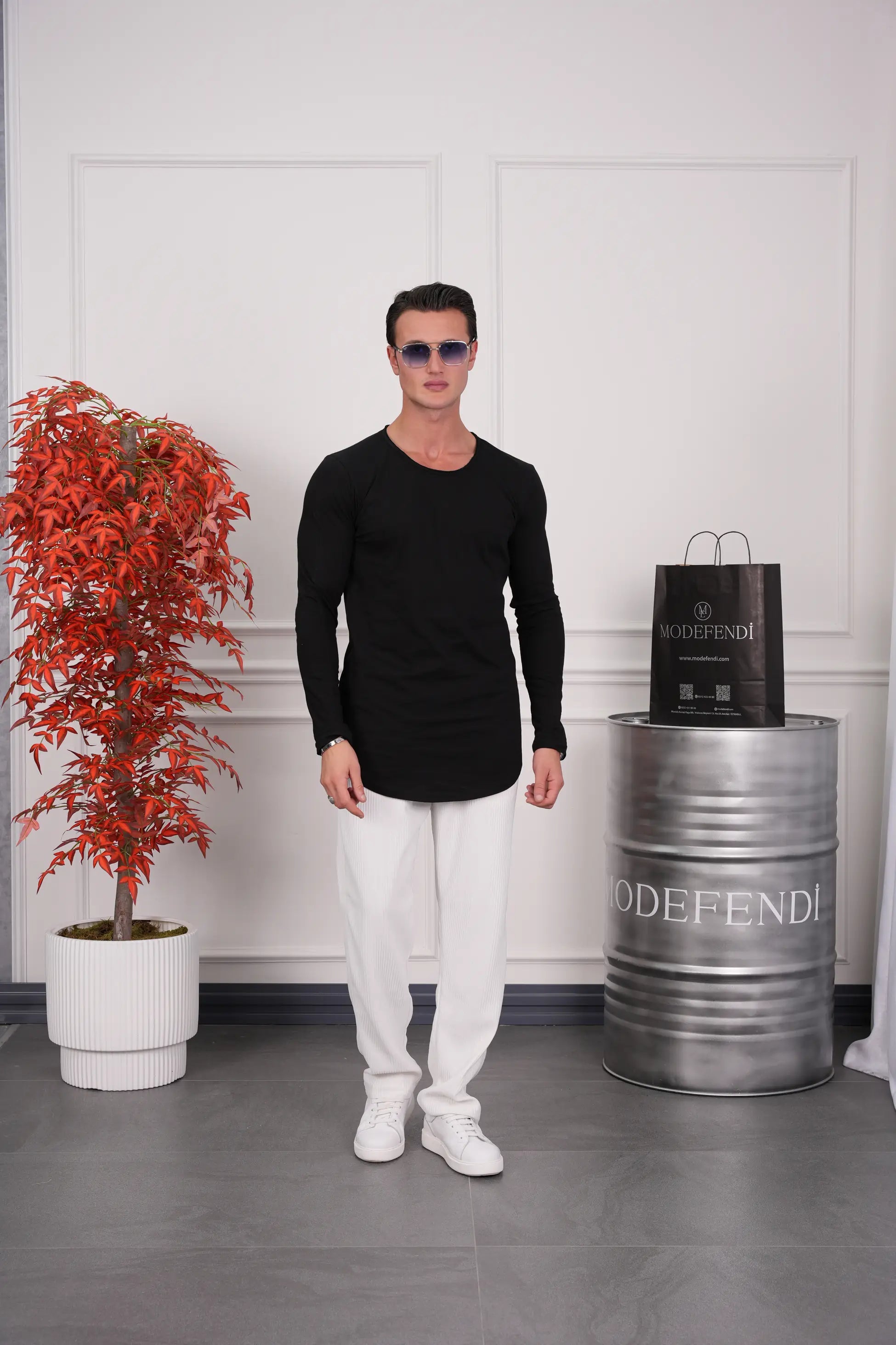 Slim Fit Oval Kesim Uzun Kollu Pamuk Basic Tshırt