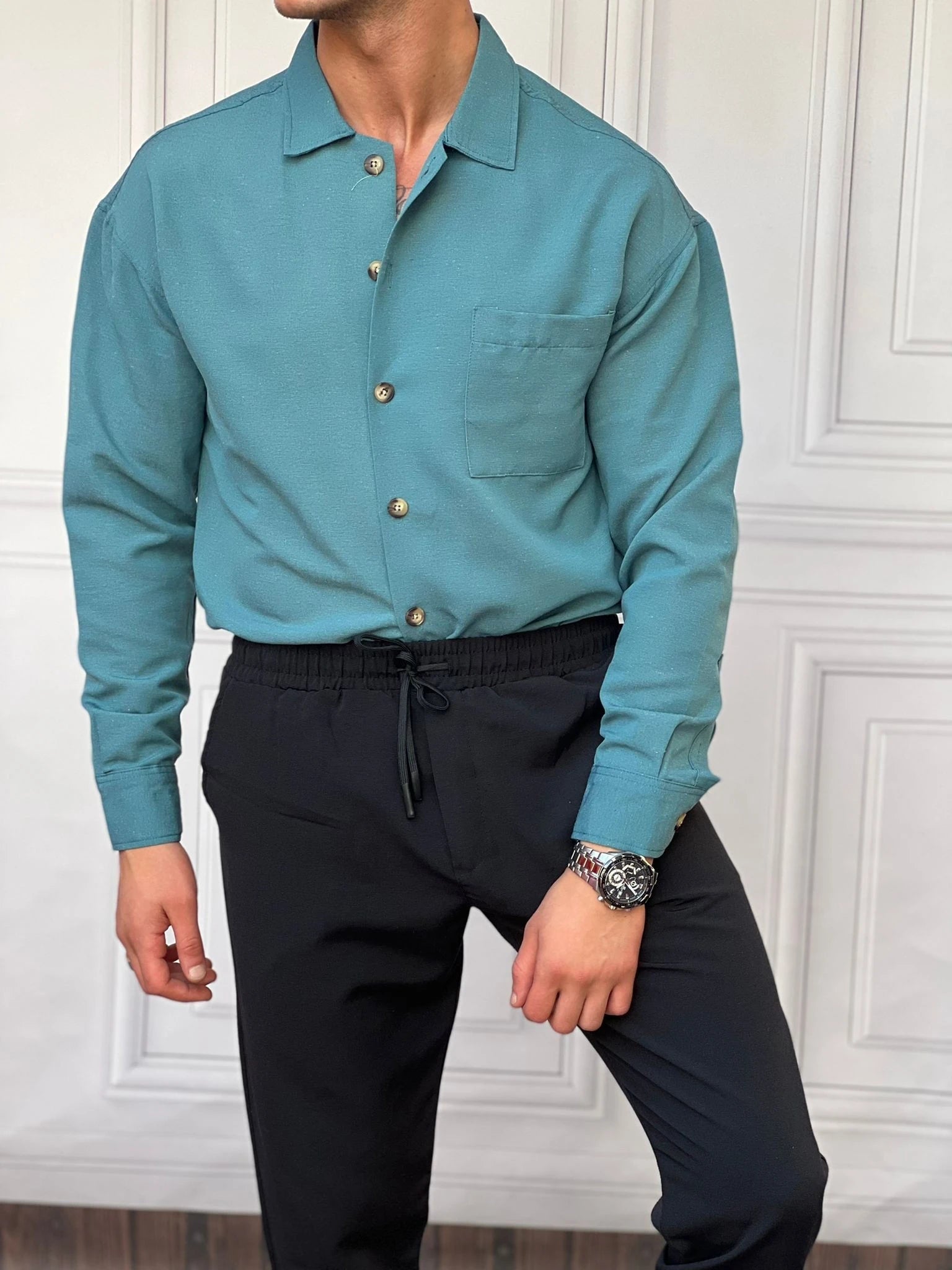 Rahat Kalıp Cep Detaylı Pamuk Keten Gömlek