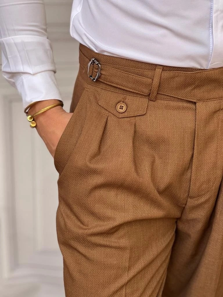 Kuşak Toka Detaylı Kuş Gözü Desen Pileli Pantolon