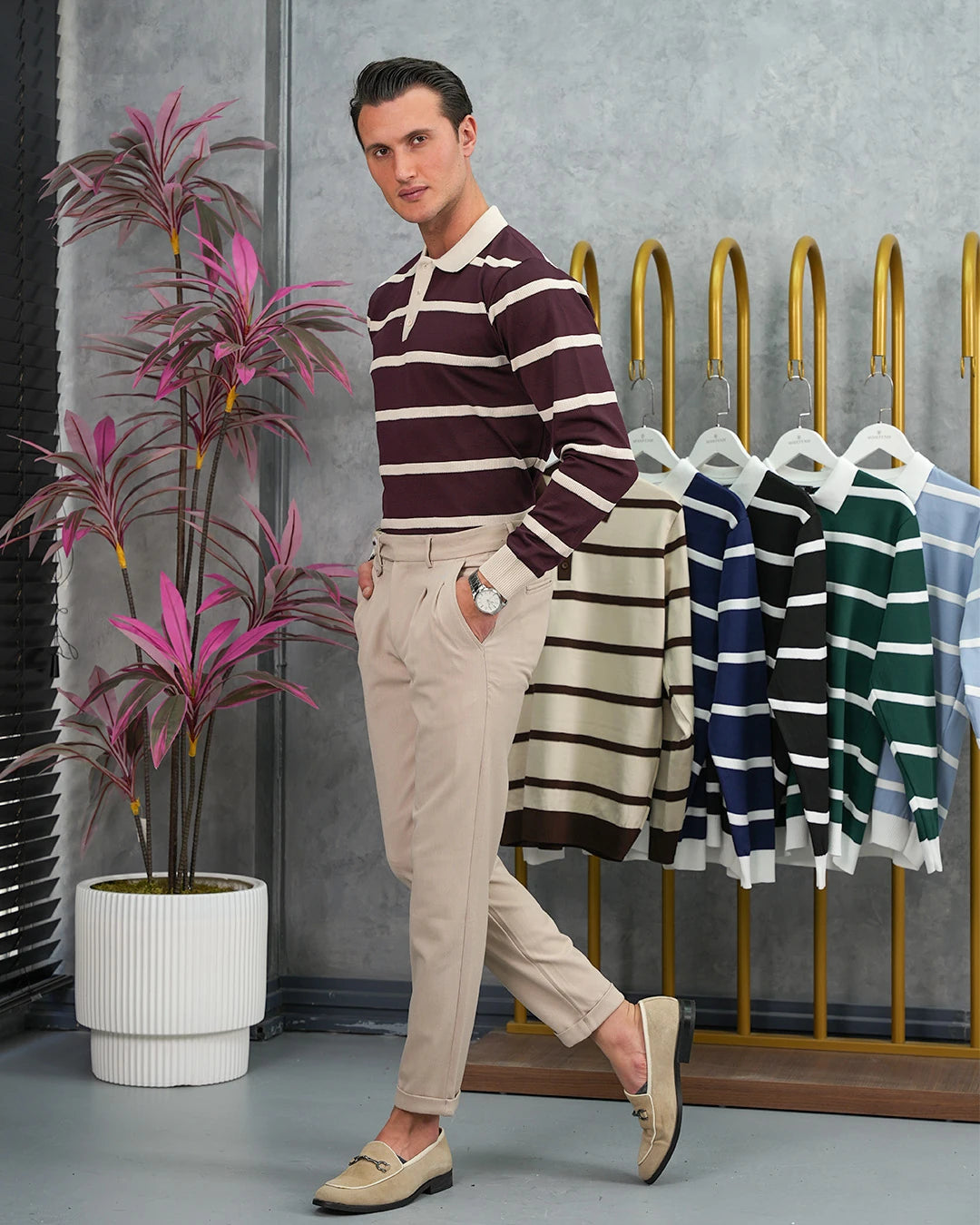 Pamuk Likra Slim Fit Örgü Yatay Desen Yaka Şerit Detaylı Polo Yaka Kazak