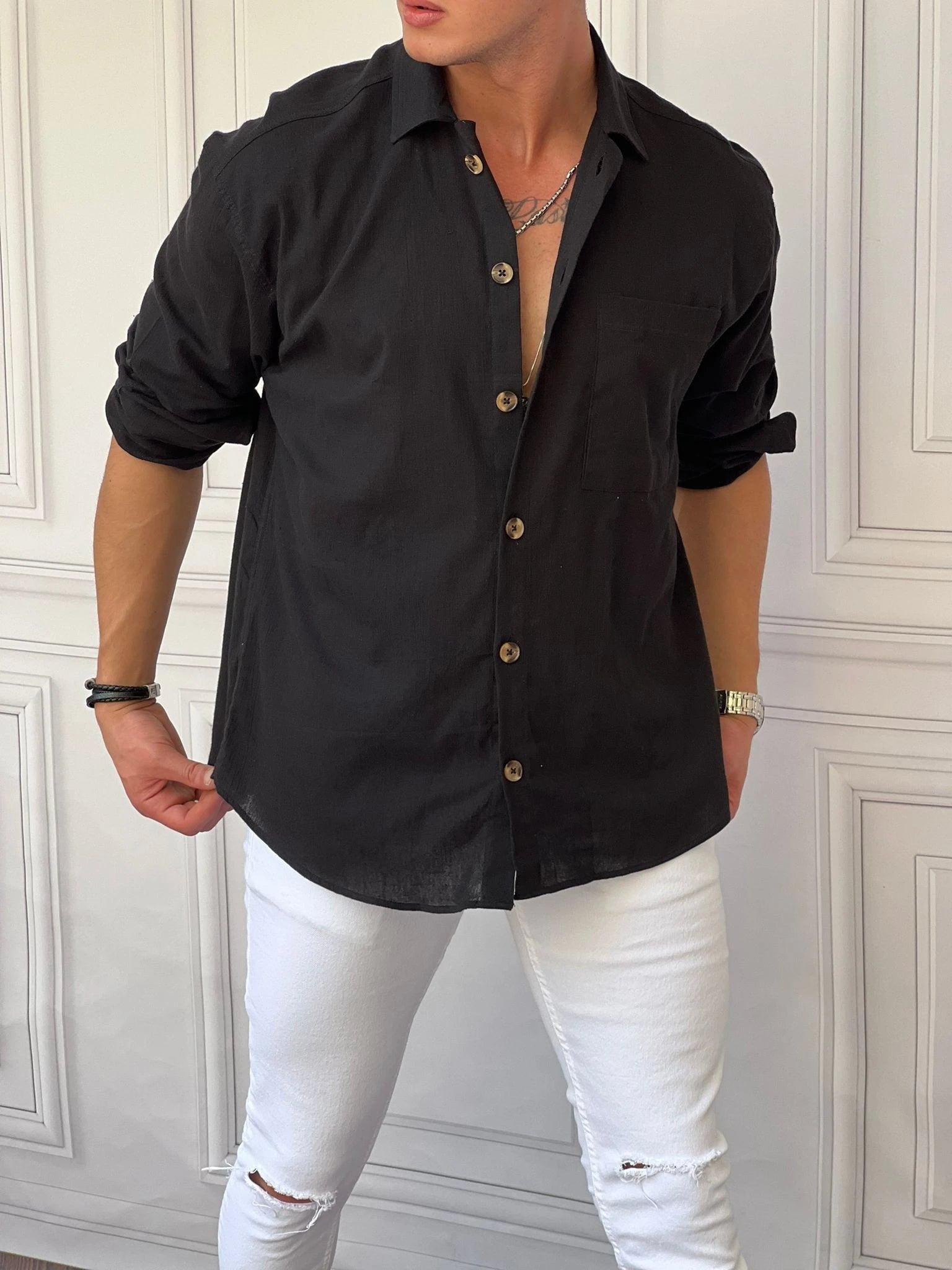 Rahat Kalıp Oversize Büyük Düğme Pamuklu Keten Gömlek